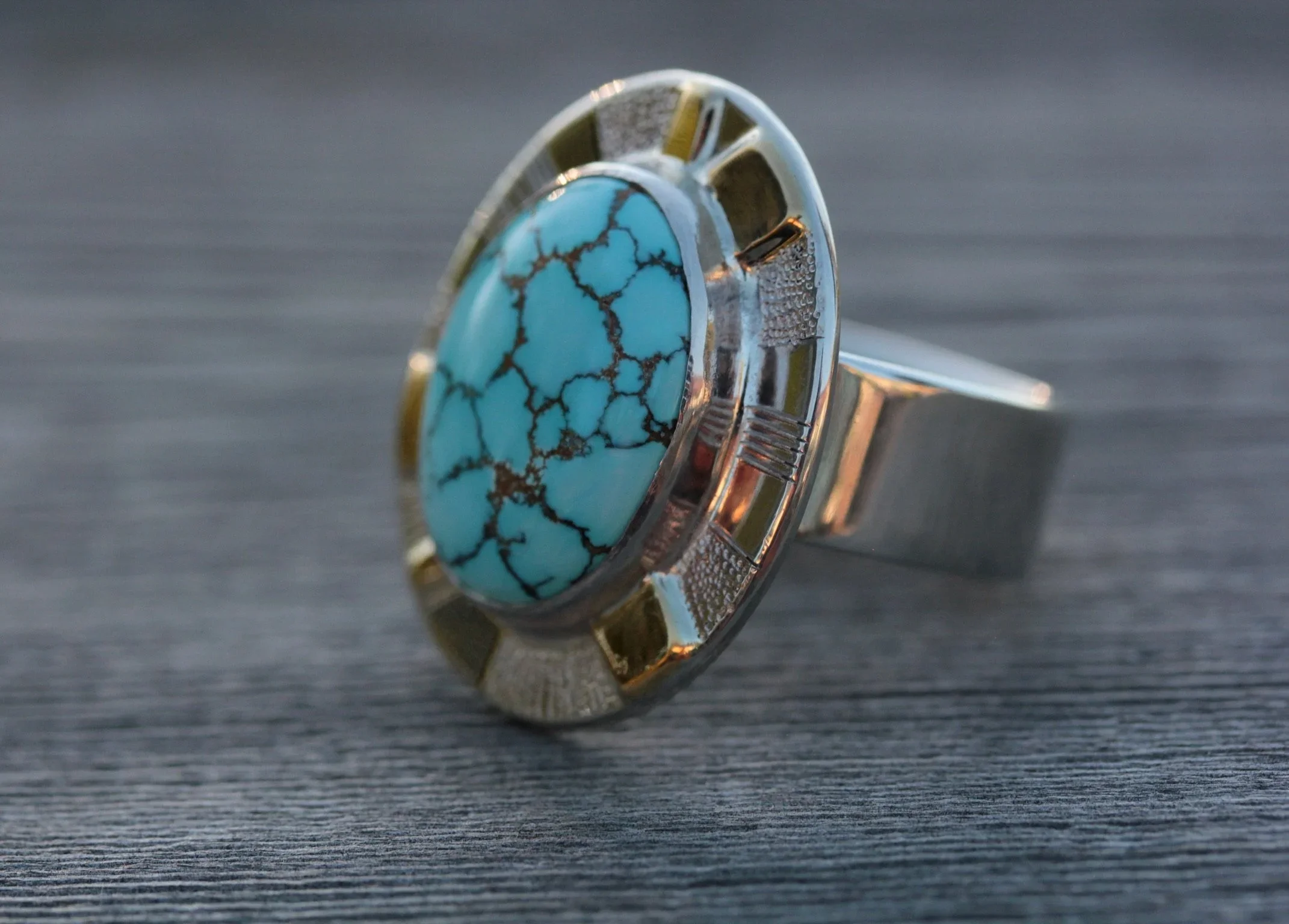 Ancient Rays - Number 8 Mine Turquoise Ring in 22k Gold and Sterling Silver .925