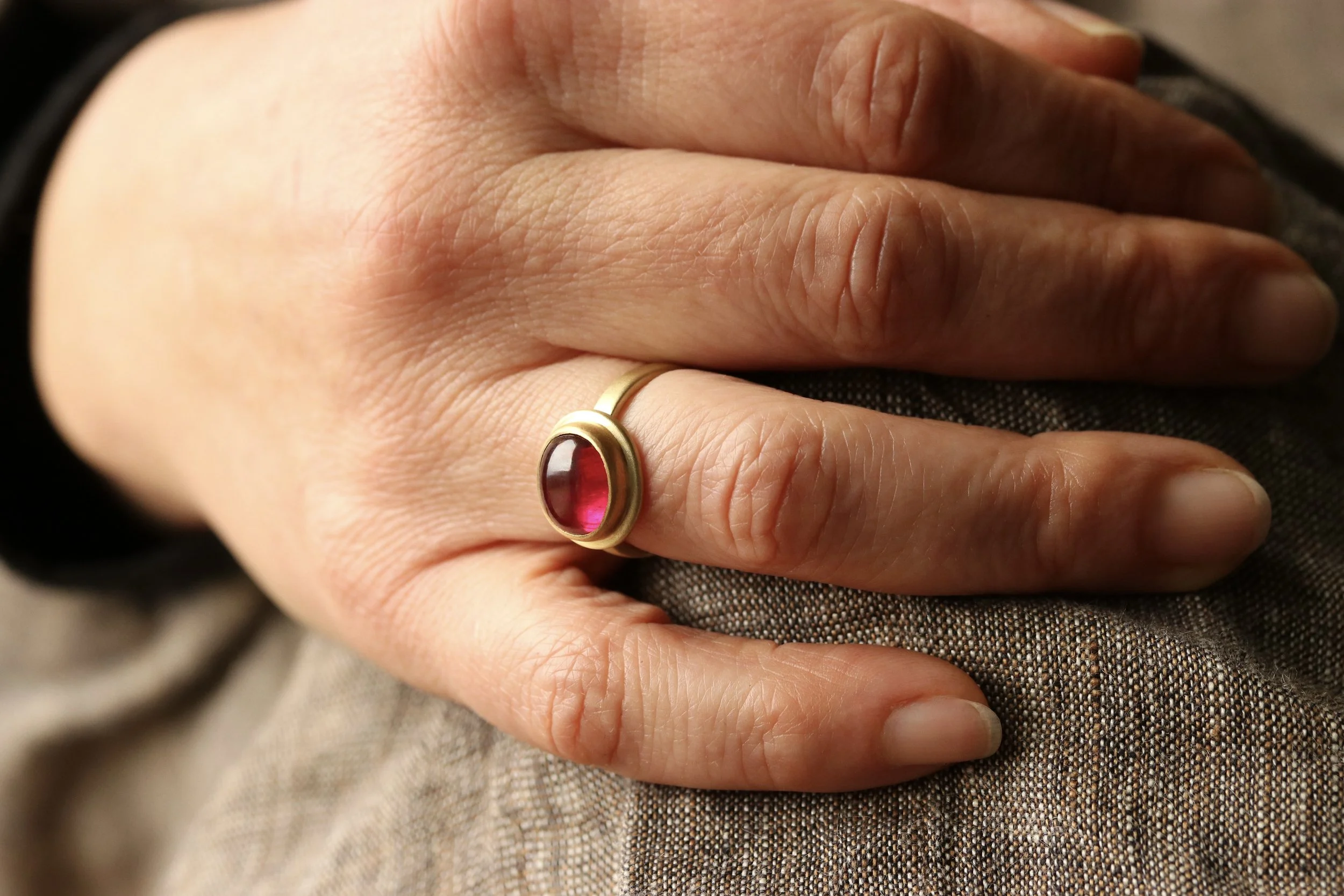 Rubellite Cabochon Ring in 22k & 18k Gold by Big Sur Goldsmiths