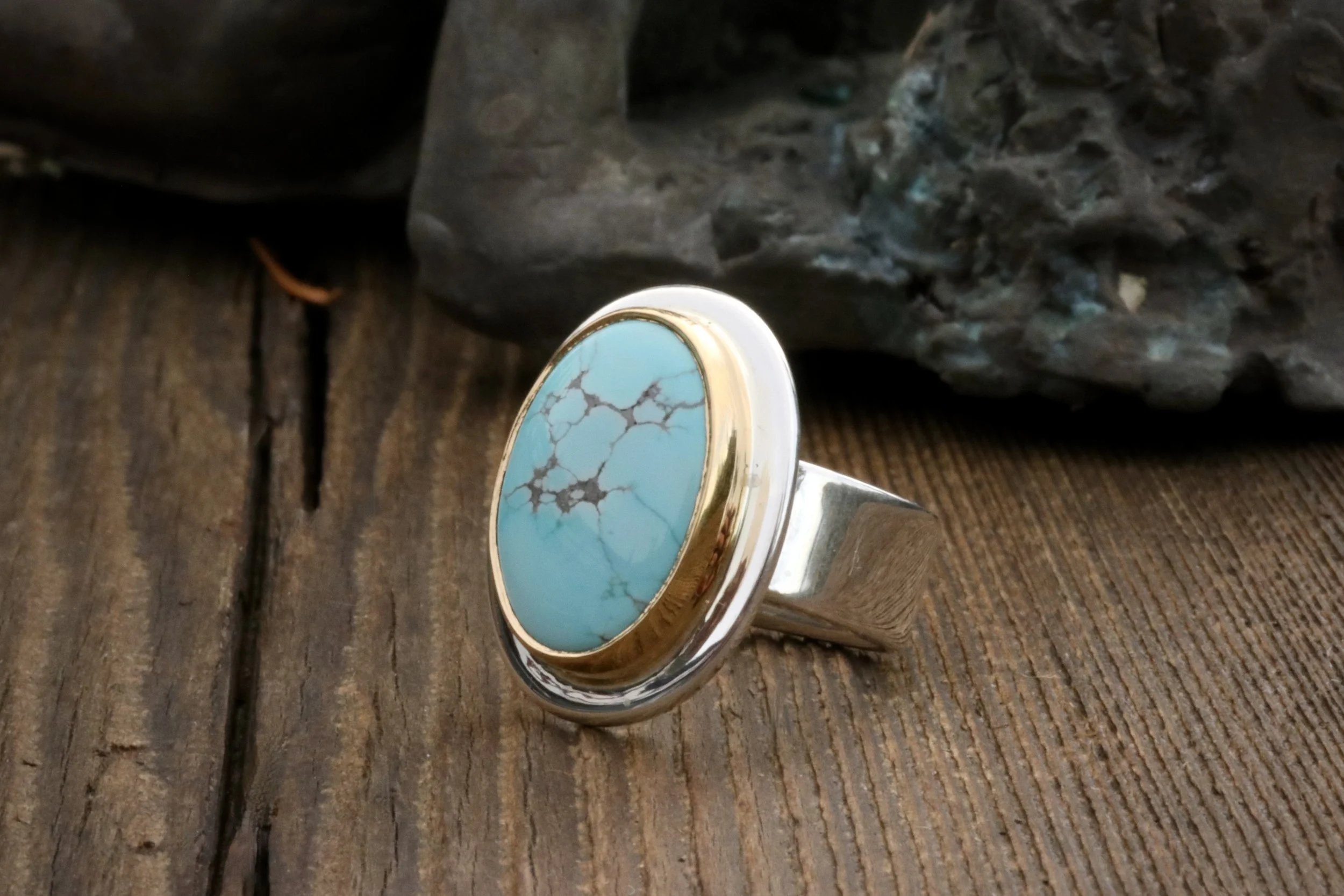 Number 8 Mine Turquoise Ring in 22K Gold & Sterling Silver by Big Sur Goldsmiths