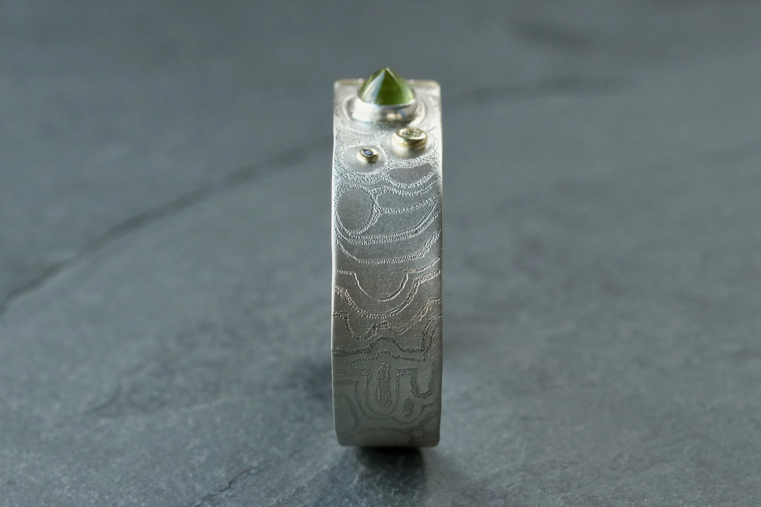 Peridot, Sapphire & Diamond Cuff Bracelet in 18K Gold & Sterling Silver by Big Sur Goldsmiths