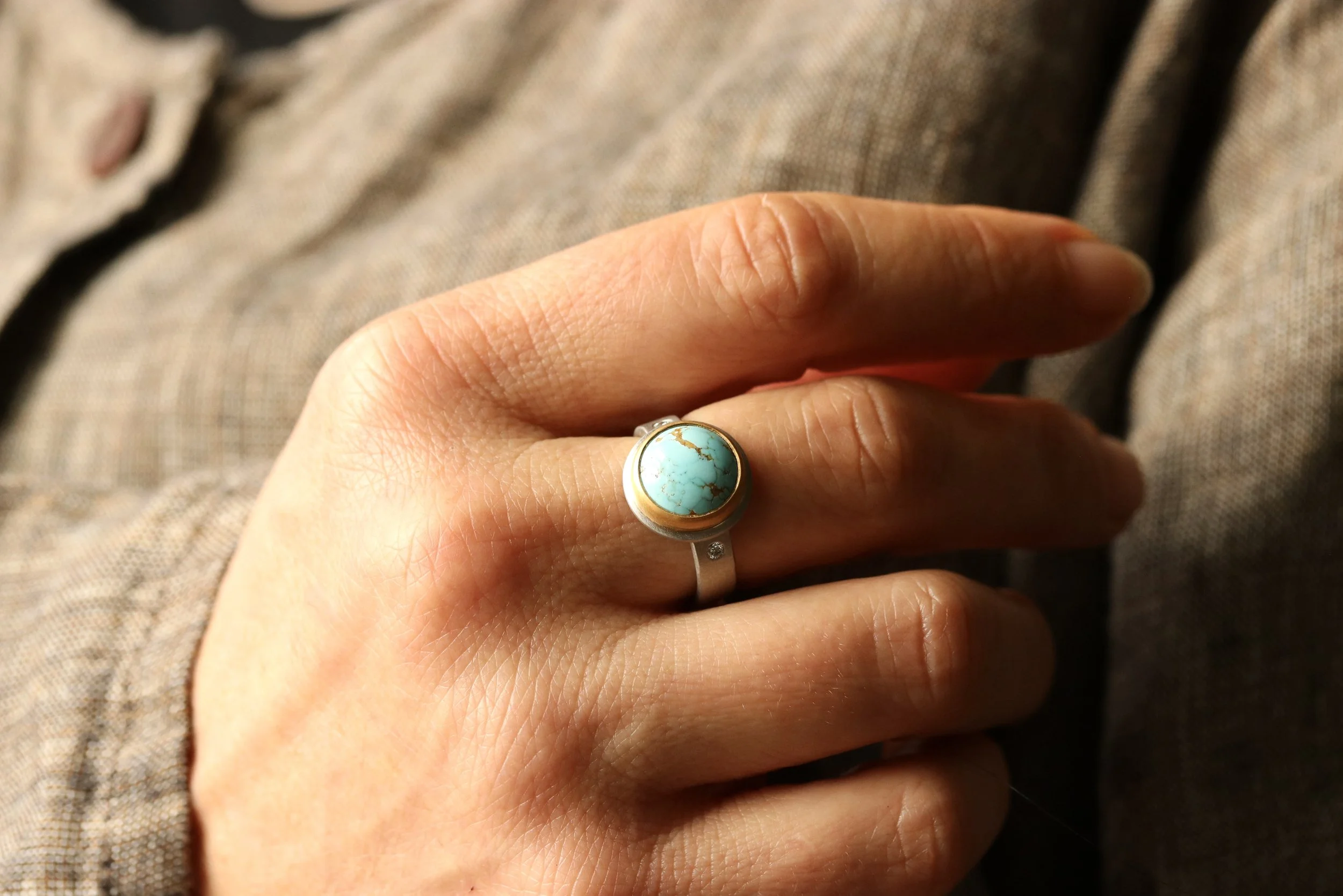 Number 8 Turquoise Solitaire Ring in Platinum & 22k Gold by Big Sur Goldsmiths