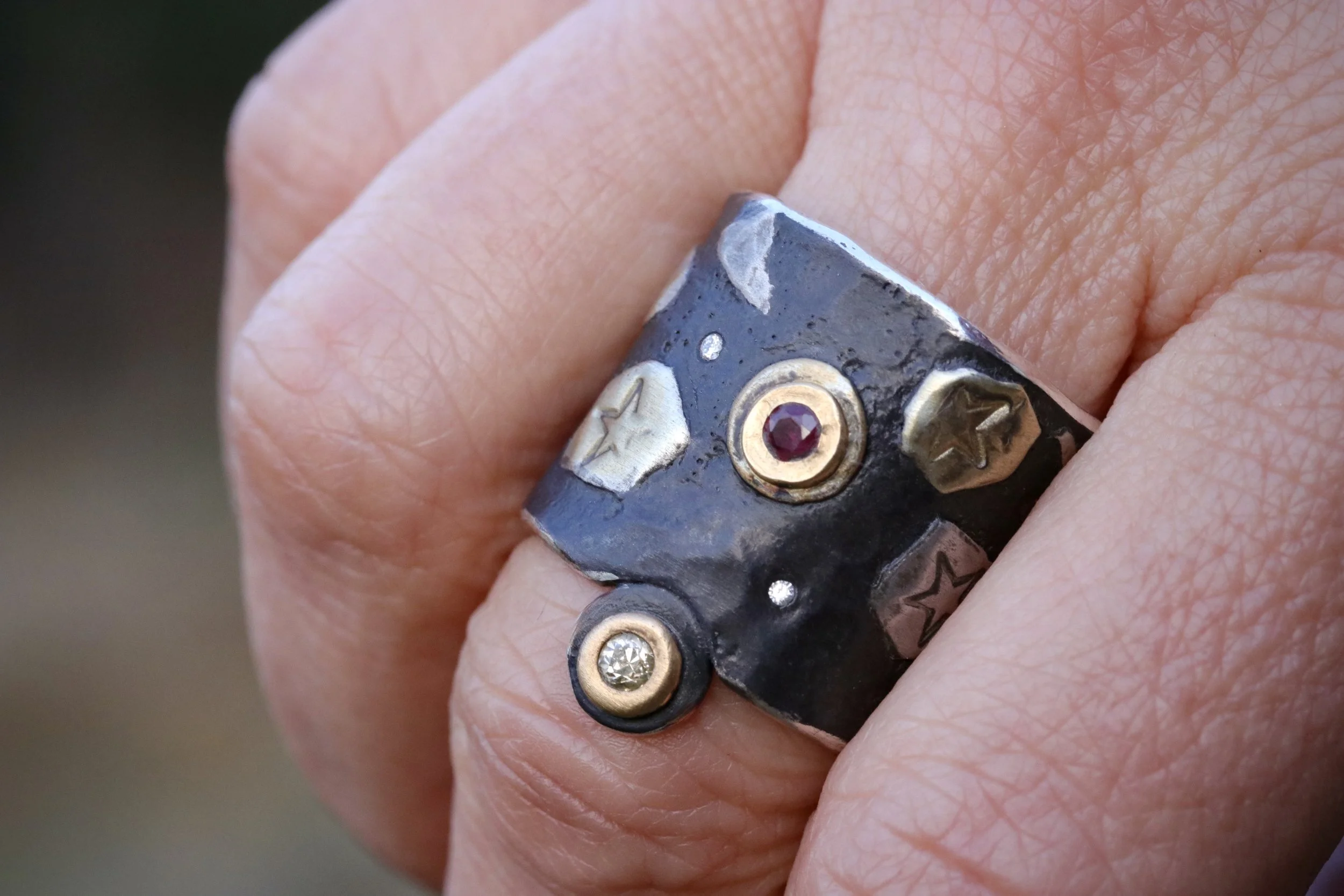 Celestial Relic Ring with Rubies, Antique Diamond & Padparadscha Sapphire in 22K Gold/ Platinum/ Oxidized Silver