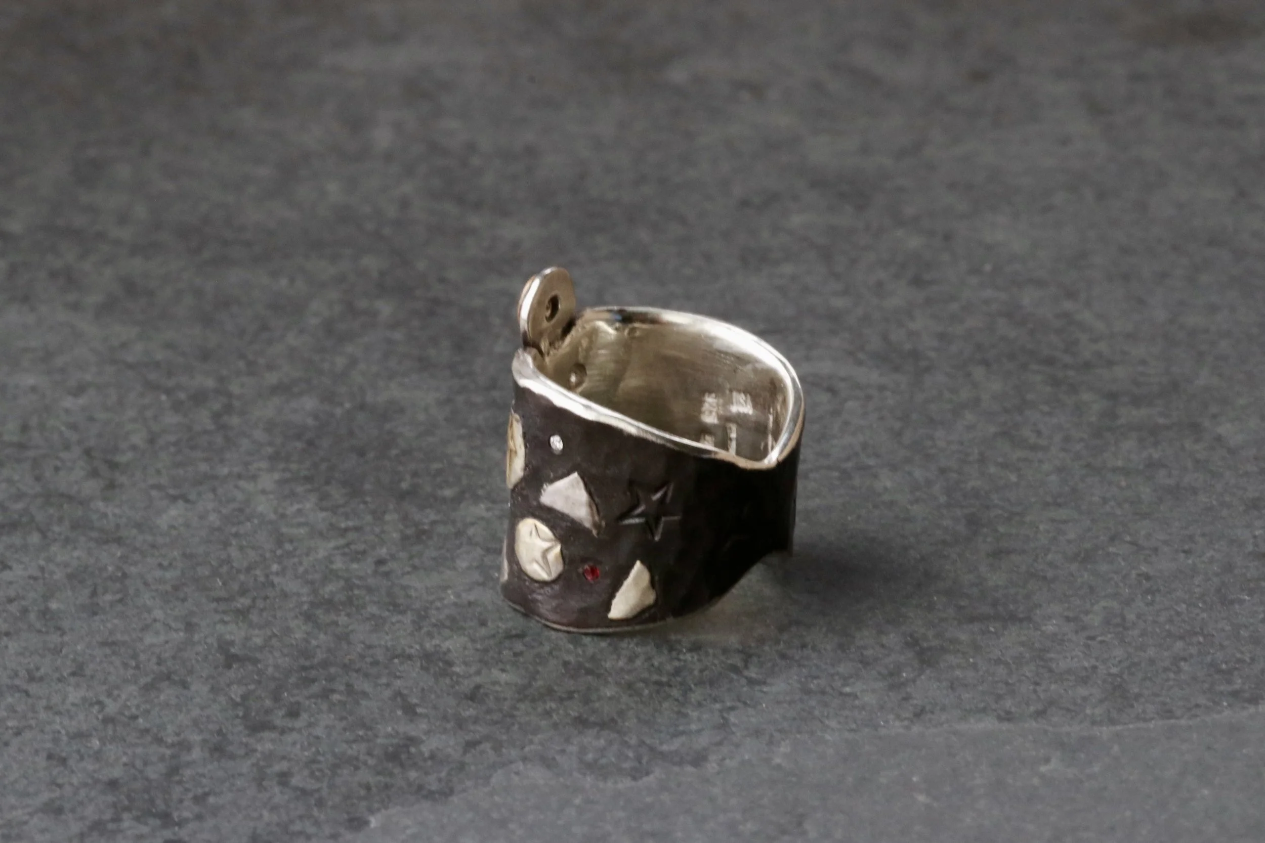 Celestial Relic Ring with Rubies, Antique Diamond & Padparadscha Sapphire in 22K Gold/ Platinum/ Oxidized Silver by Big Sur Goldsmiths