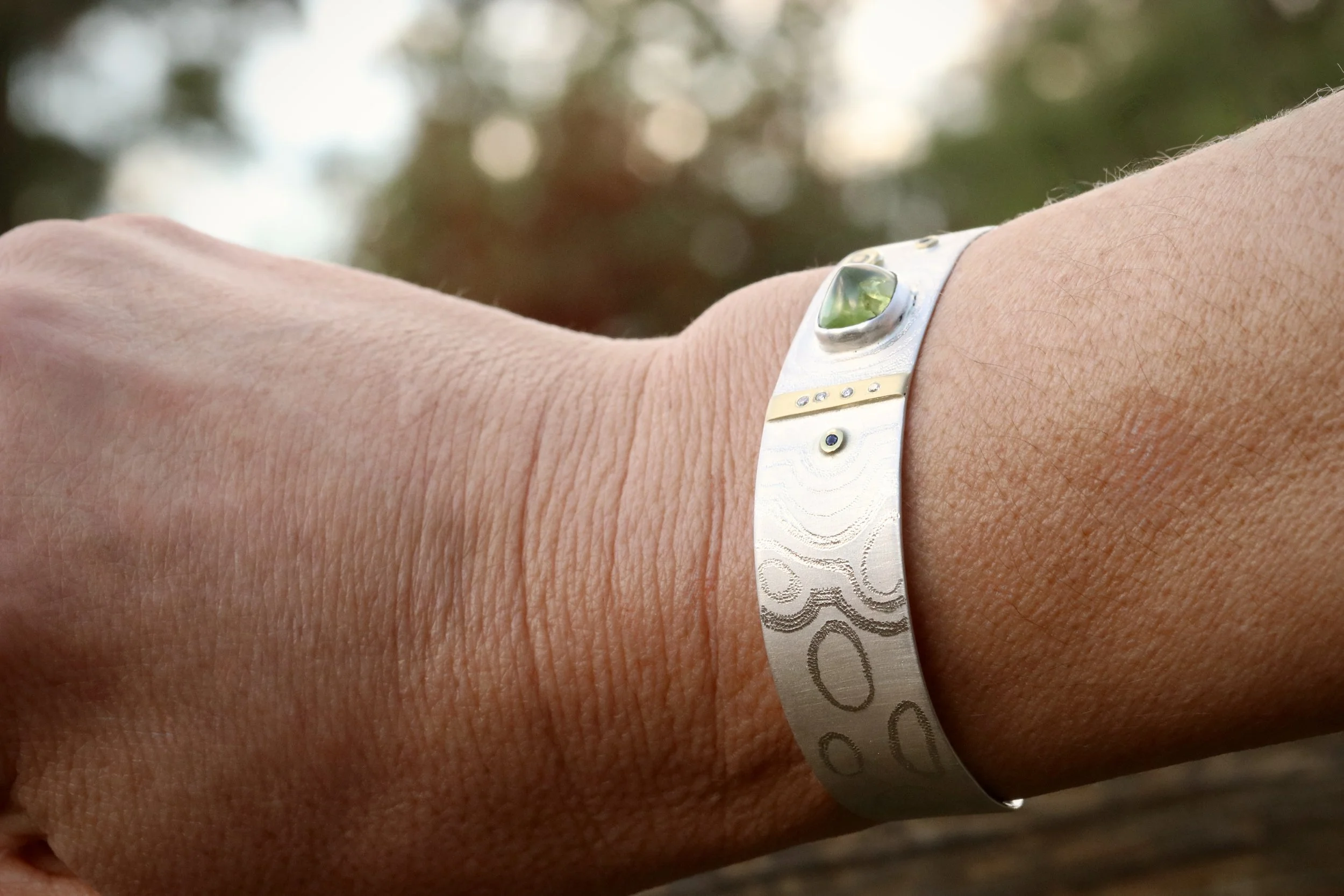 Peridot, Sapphire & Diamond Cuff Bracelet in 18K Gold & Sterling Silver by Big Sur Goldsmiths