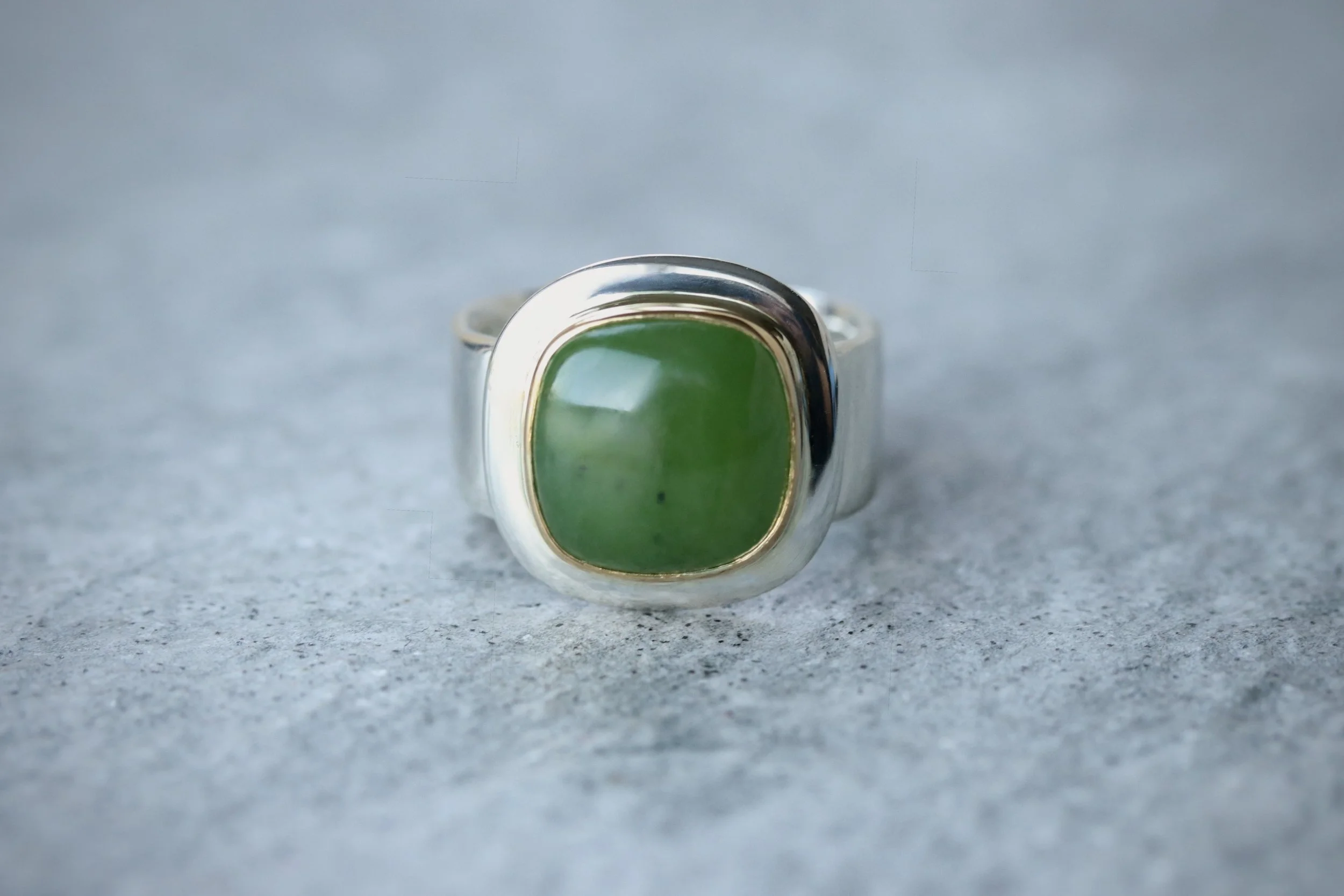 Jade Cushion Cabochon Ring in 22k Gold & Sterling Silver by Big Sur Goldsmiths