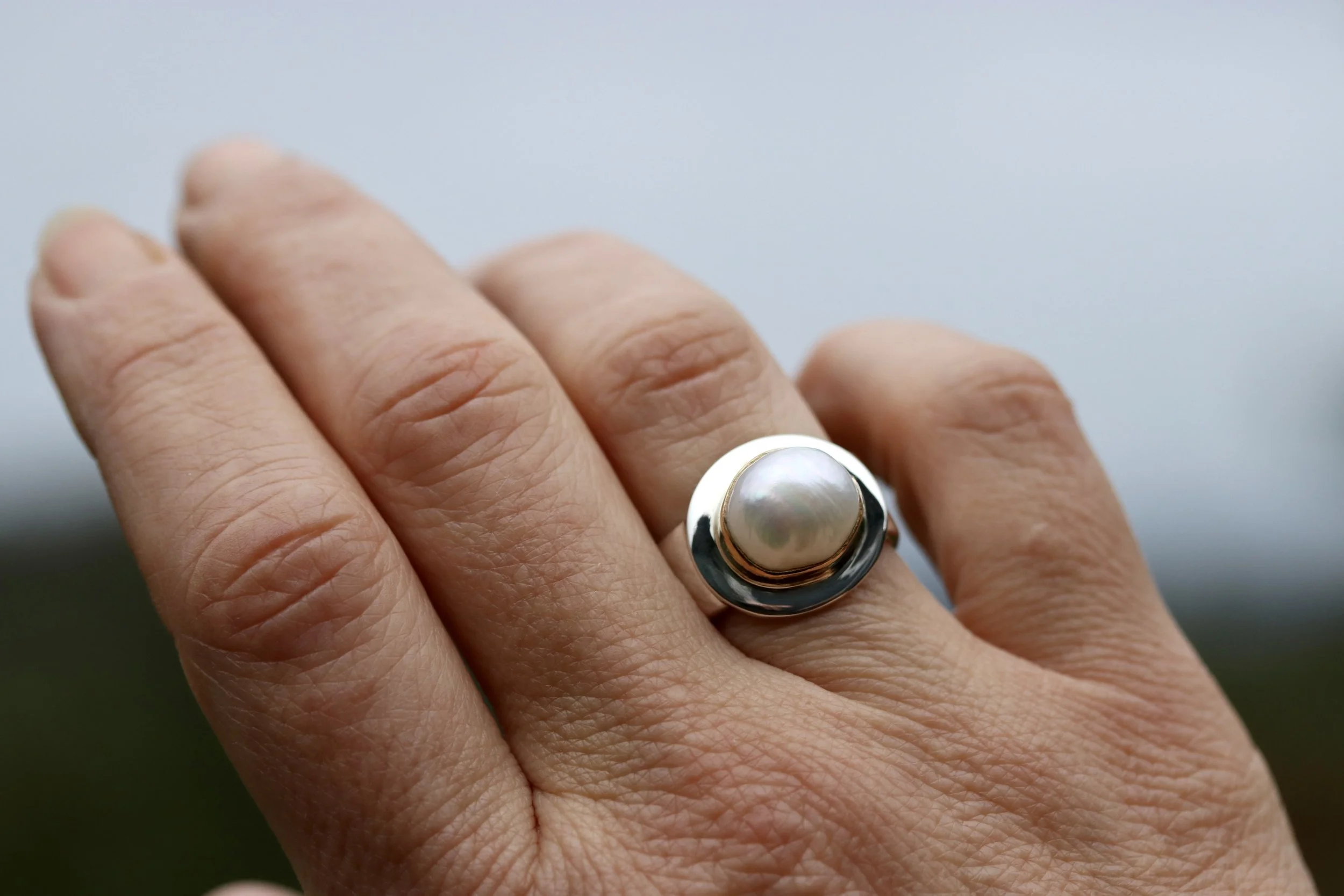 Freshwater Pearl Ring in Sterling Silver and 22K Gold by Big Sur Goldsmiths