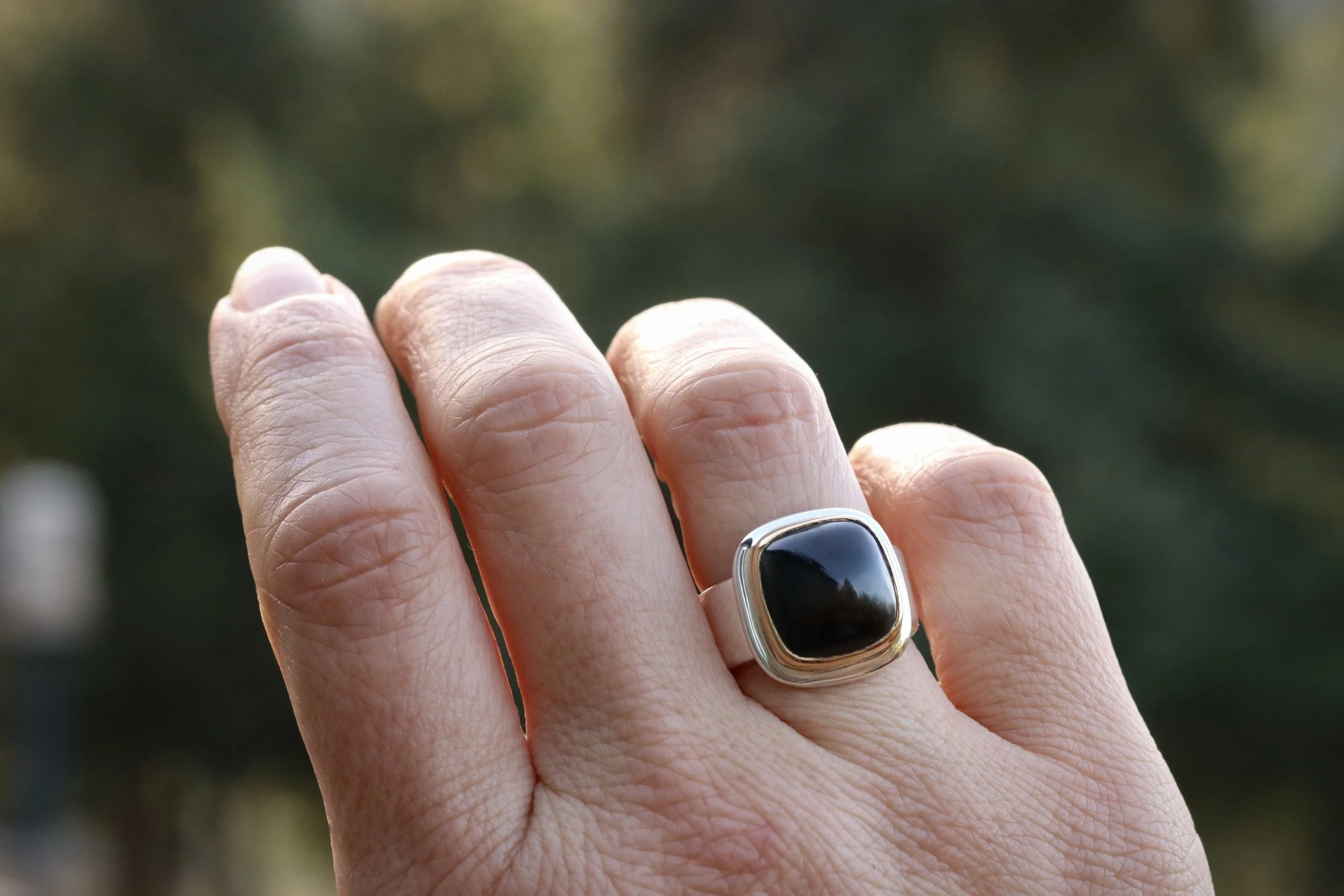 Black Tourmaline Cushion Ring in 22k Gold & Sterling Silver by Big Sur Goldsmiths