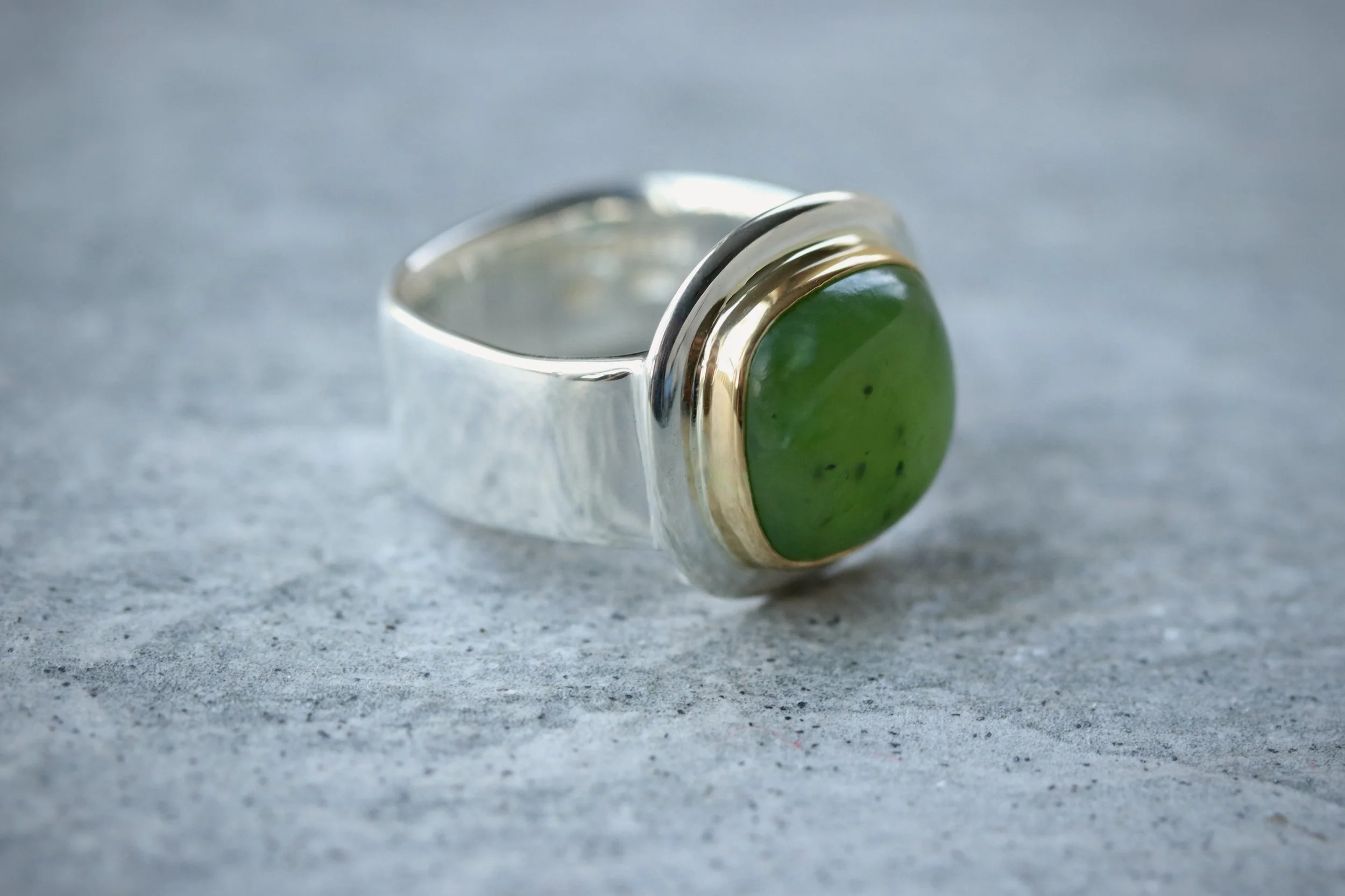 Jade Cushion Cabochon Ring in 22k Gold & Sterling Silver by Big Sur Goldsmiths