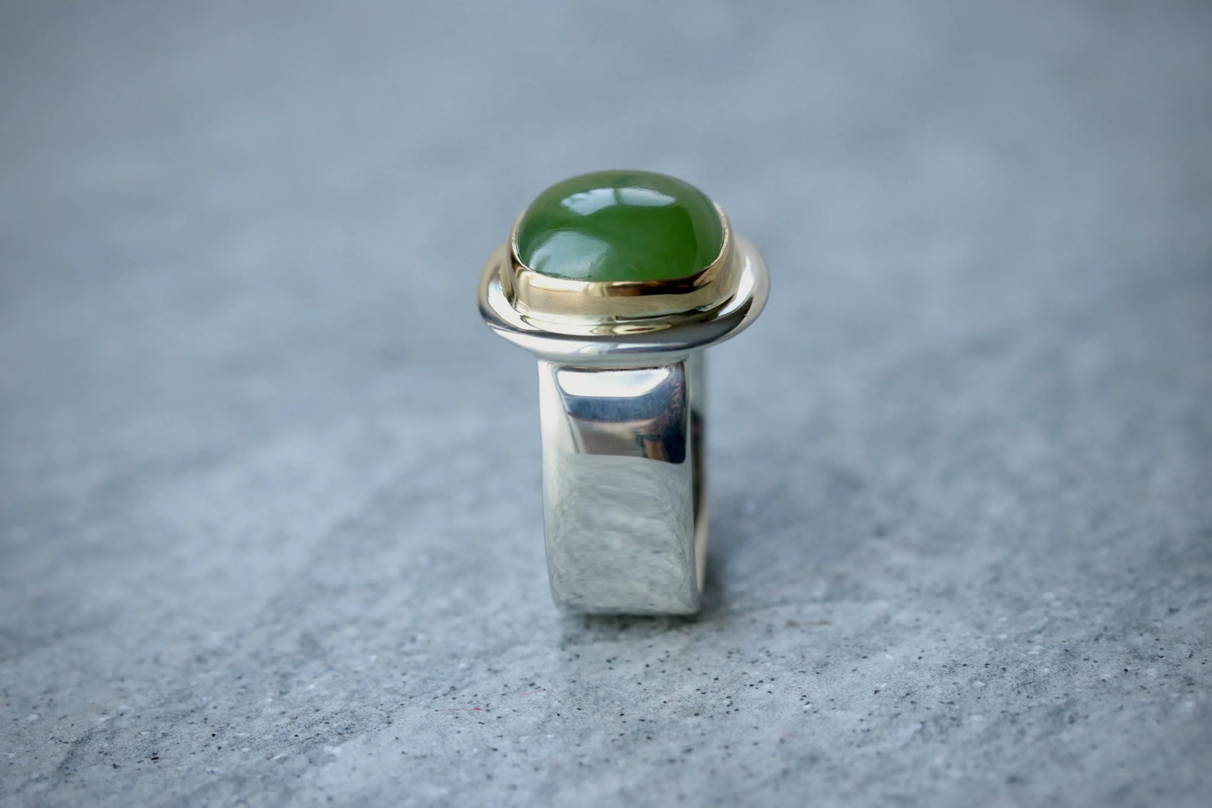 Jade Cushion Cabochon Ring in 22k Gold & Sterling Silver by Big Sur Goldsmiths