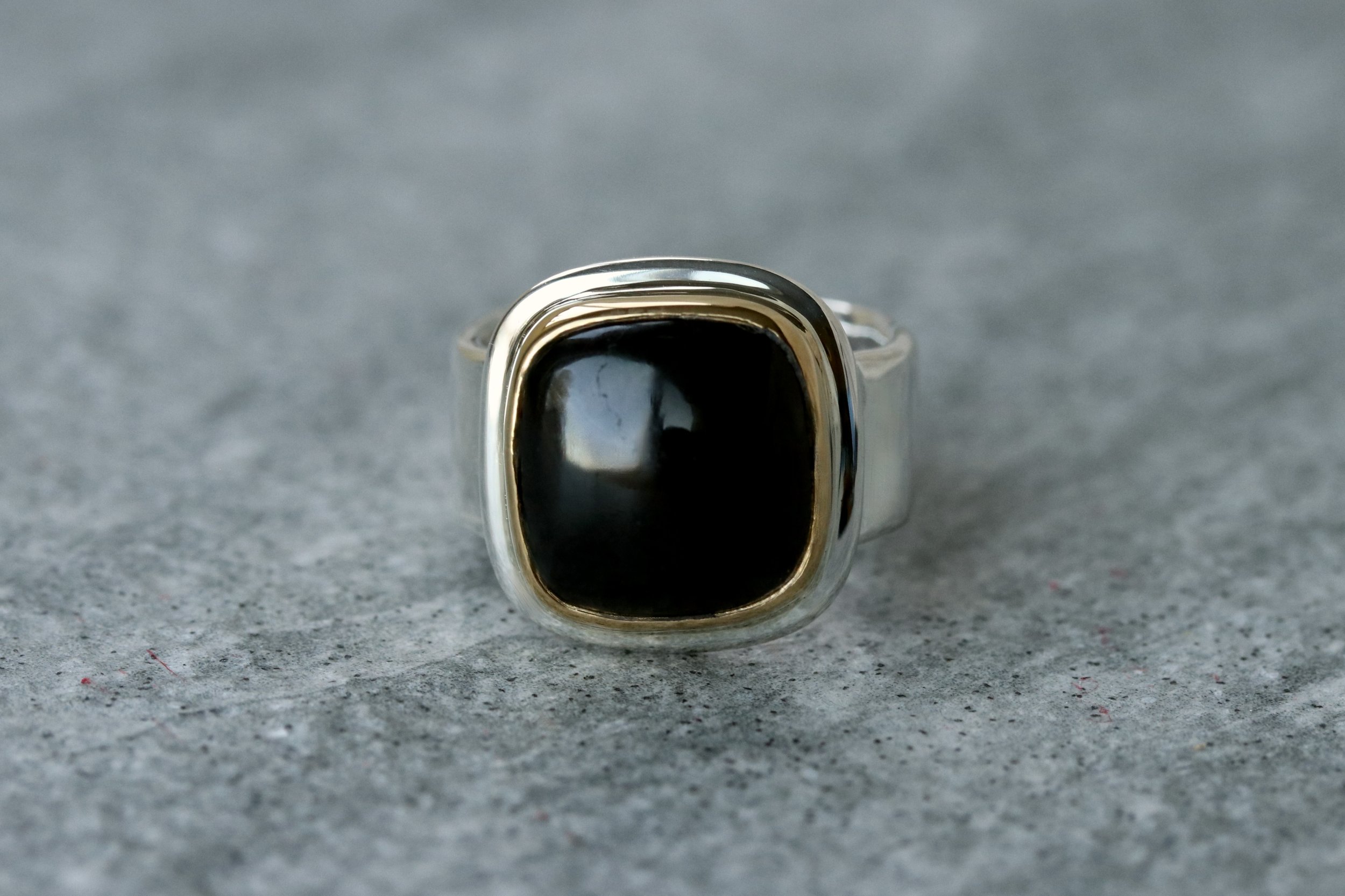 IBlack Tourmaline Cushion Ring in 22k Gold & Sterling Silver by Big Sur Goldsmiths