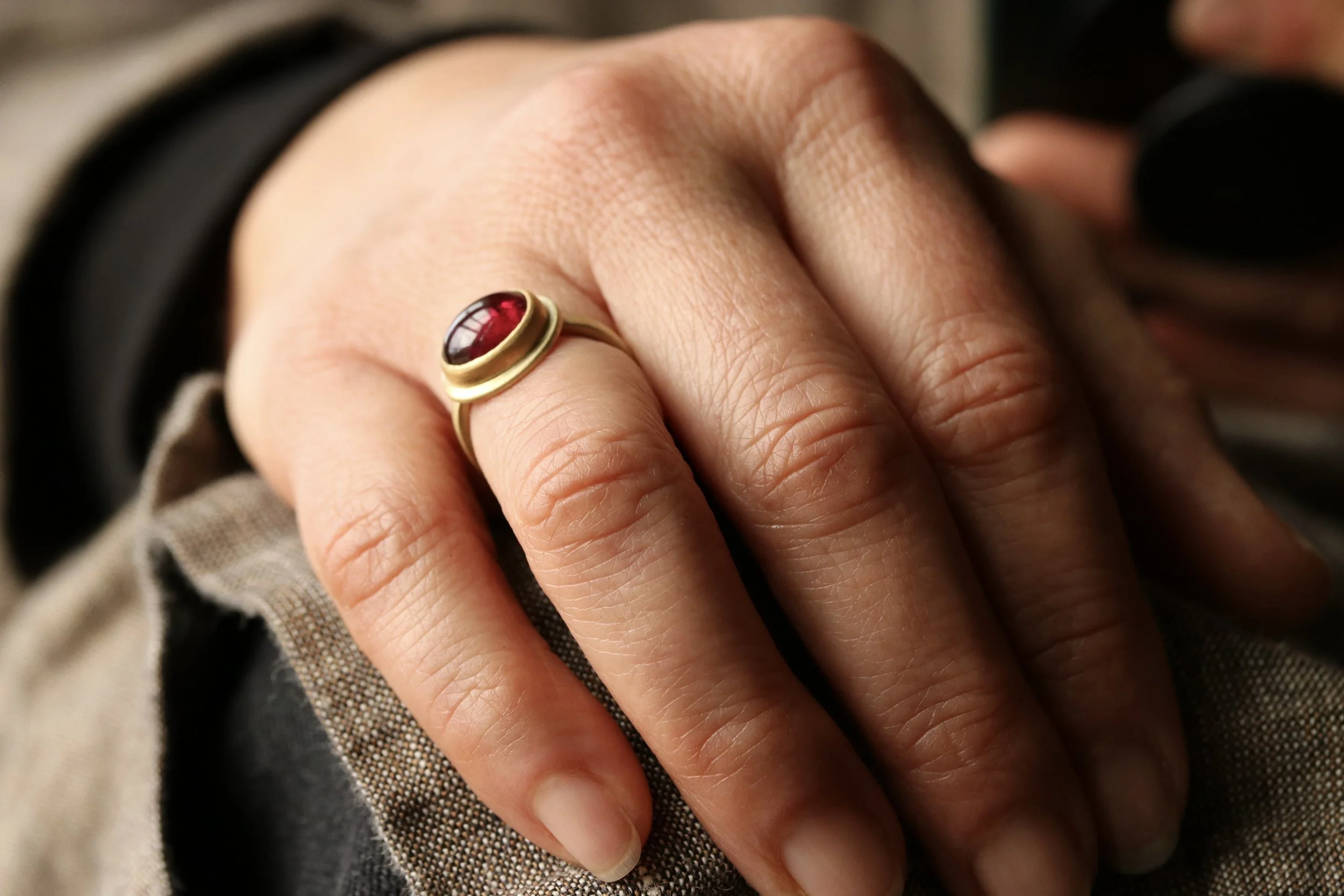 Rubellite Cabochon Ring in 22k & 18k Gold by Big Sur Goldsmiths