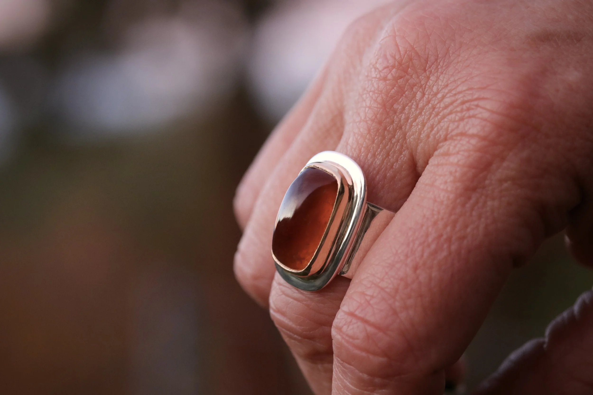 Garnet Wide Band Ring in 22K Gold & Sterling Silver by Carrie Armstrong Design