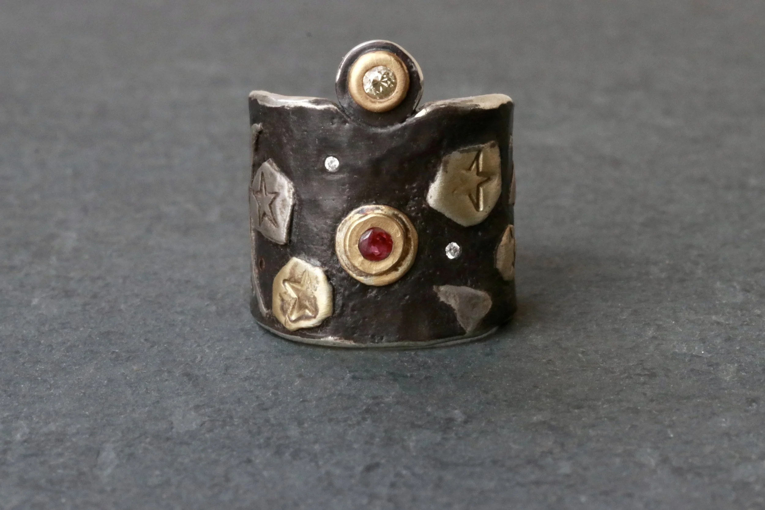 Celestial Relic Ring with Rubies, Antique Diamond & Padparadscha Sapphire in 22K Gold/ Platinum/ Oxidized Silver by Big Sur Goldsmiths