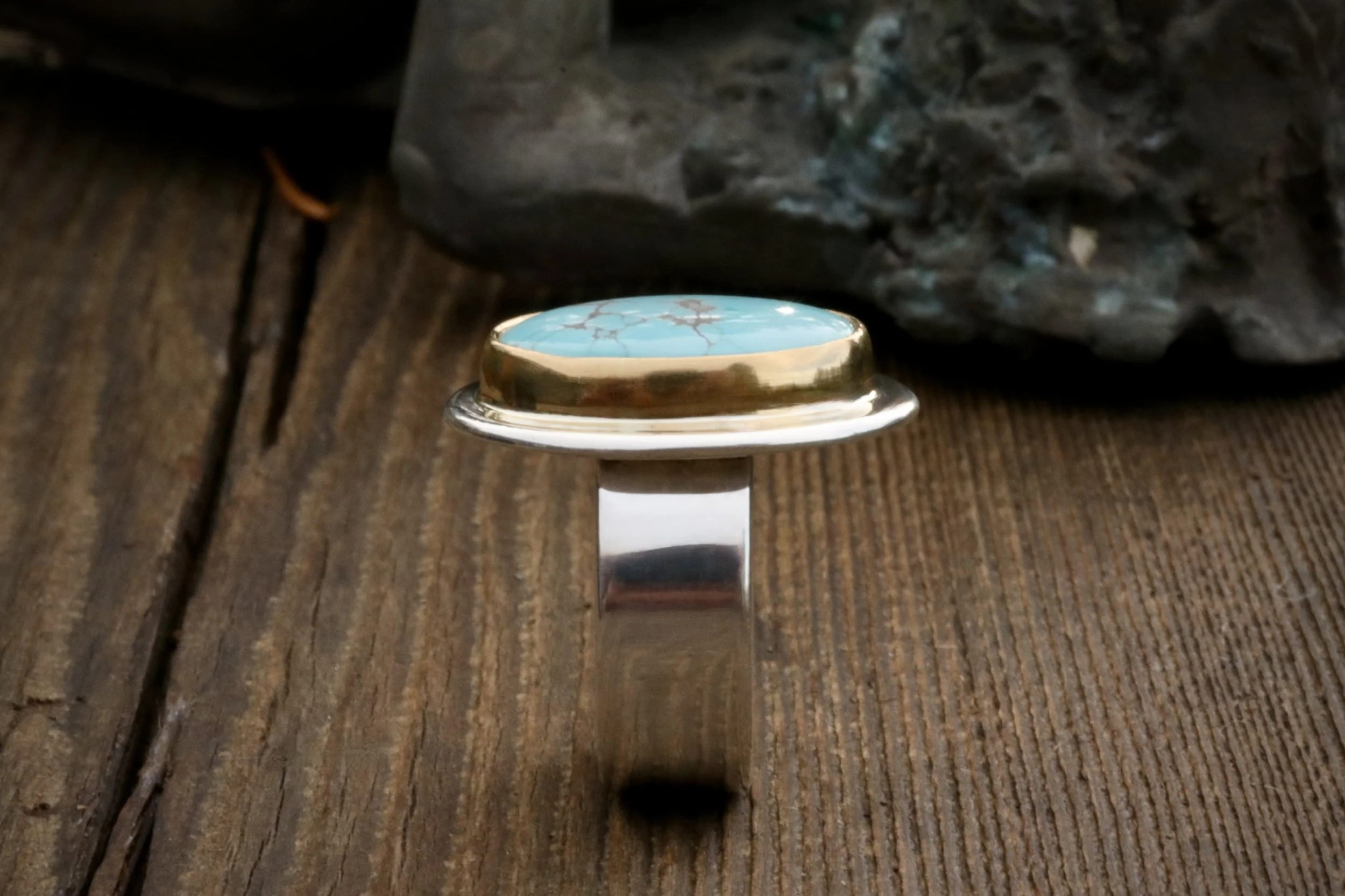 Number 8 Mine Turquoise Ring in 22K Gold & Sterling Silver by Big Sur Goldsmiths