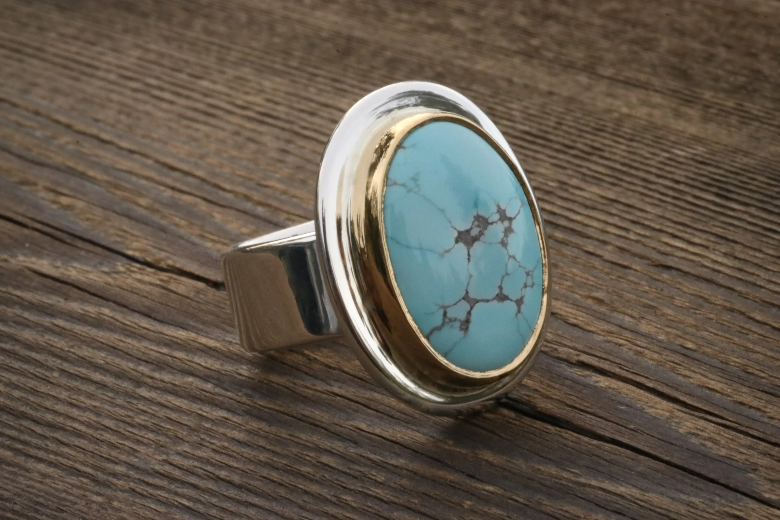 Number 8 Mine Turquoise Ring in 22K Gold & Sterling Silver by Big Sur Goldsmiths