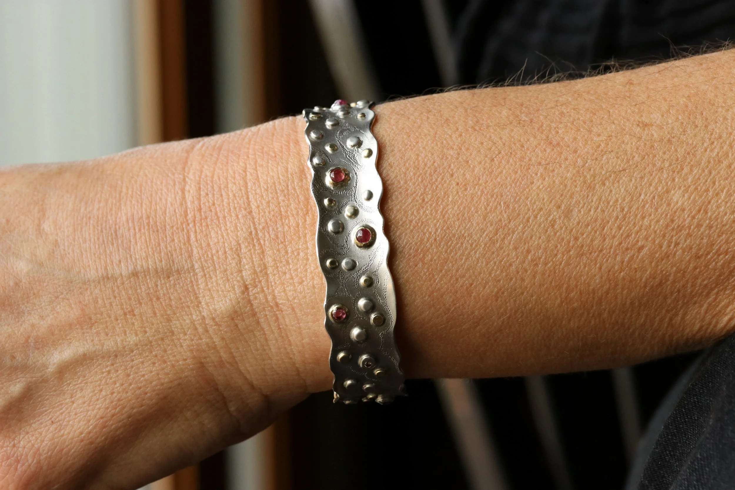 Ruby and Diamond Lacy Bullion Bracelet in 18k Gold & Sterling Silver by Big Sur Goldsmiths