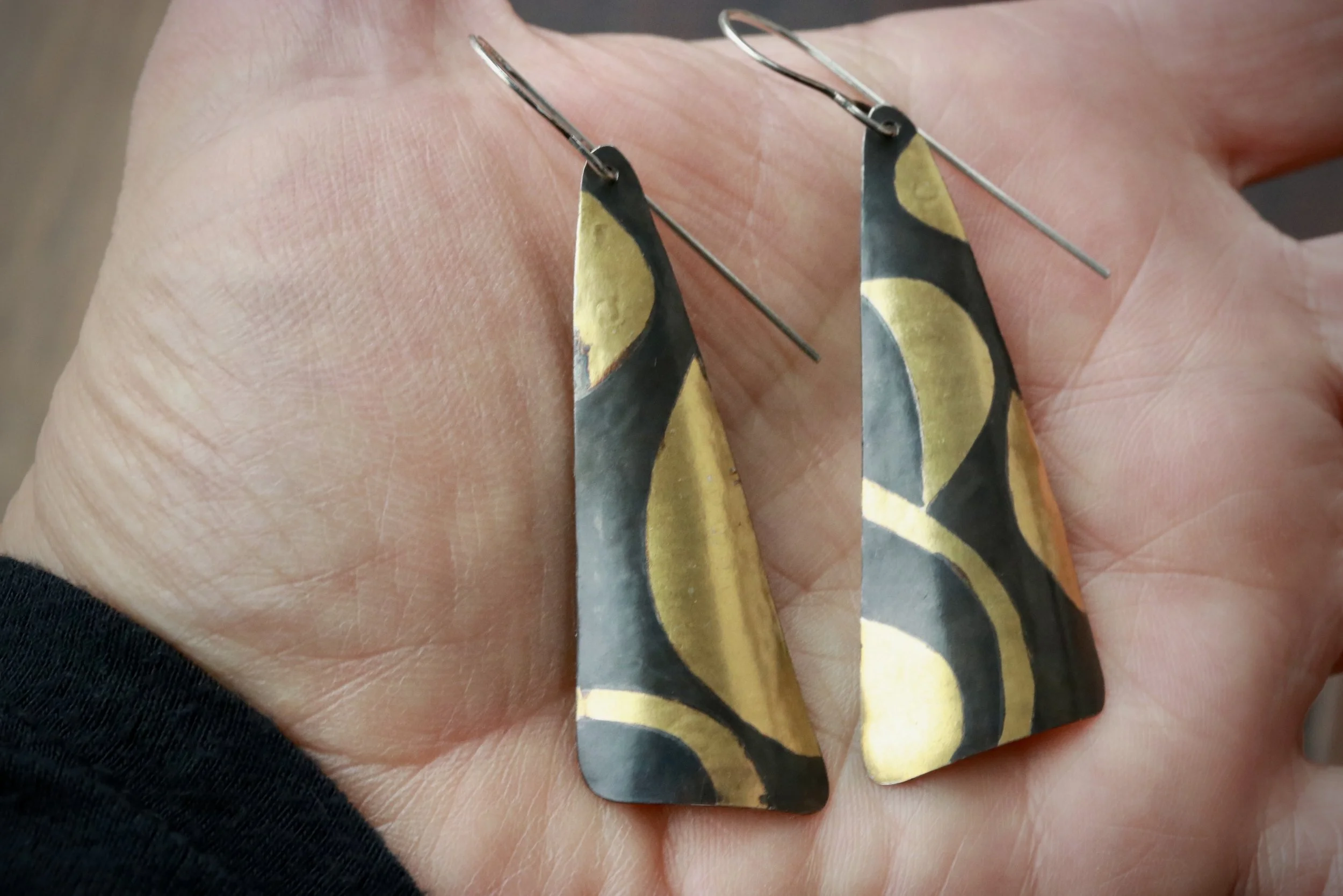 Keum-boo Earrings in Oxidized Fine Silver & 23.5K Gold by Carrie Armstrong at Big Sur Goldsmiths