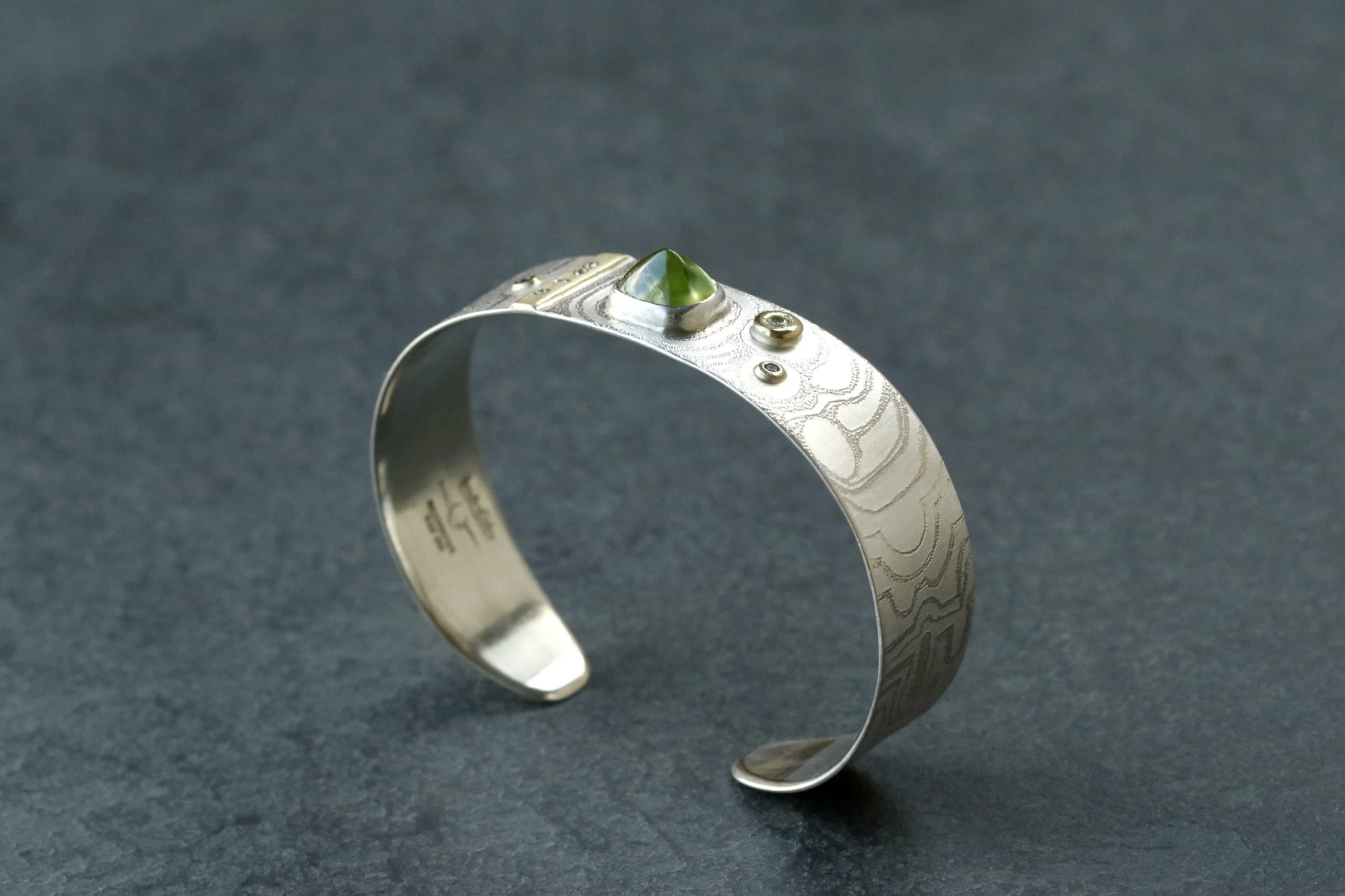 Peridot, Sapphire & Diamond Cuff Bracelet in 18K Gold & Sterling Silver by Big Sur Goldsmiths