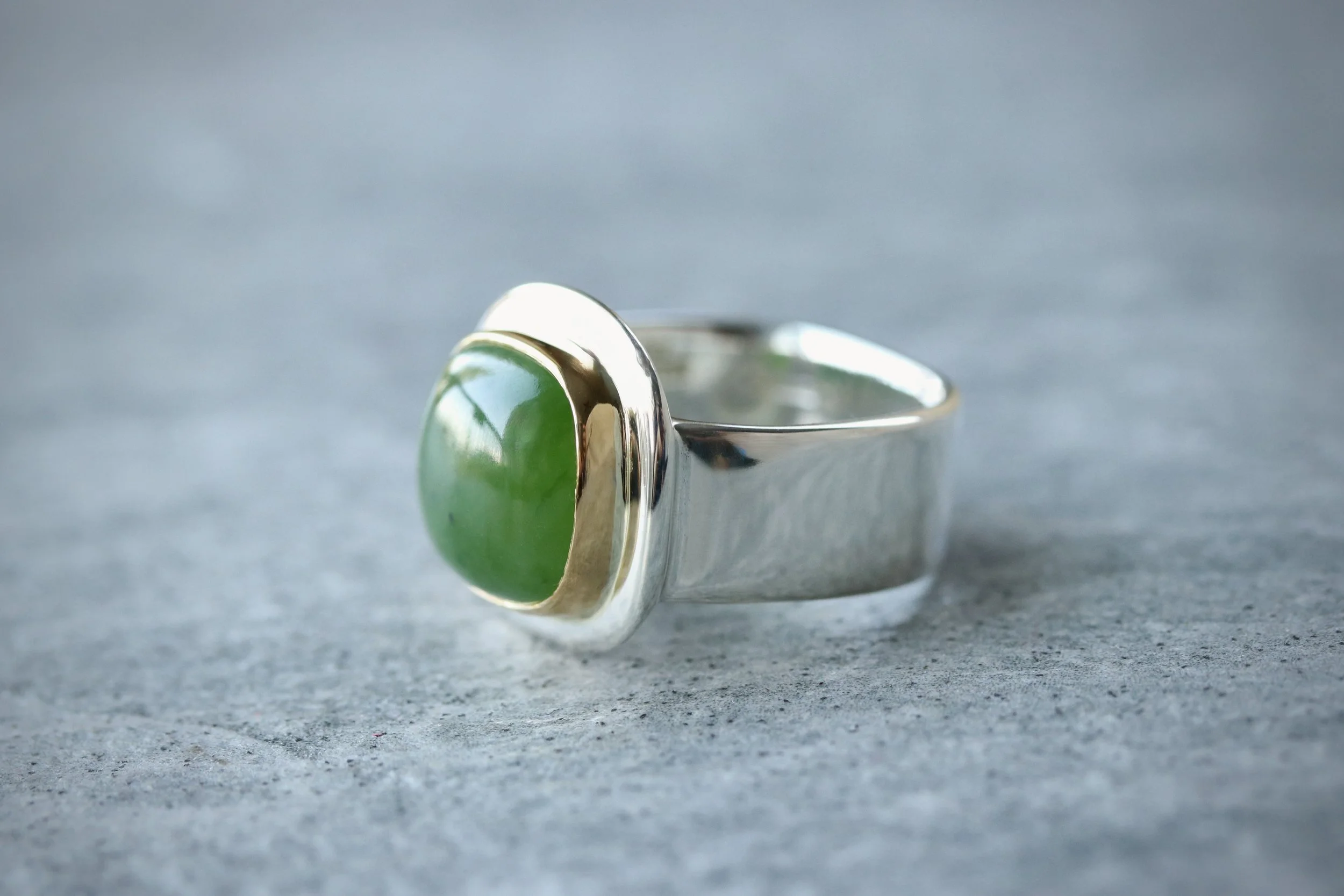 Jade Cushion Cabochon Ring in 22k Gold & Sterling Silver