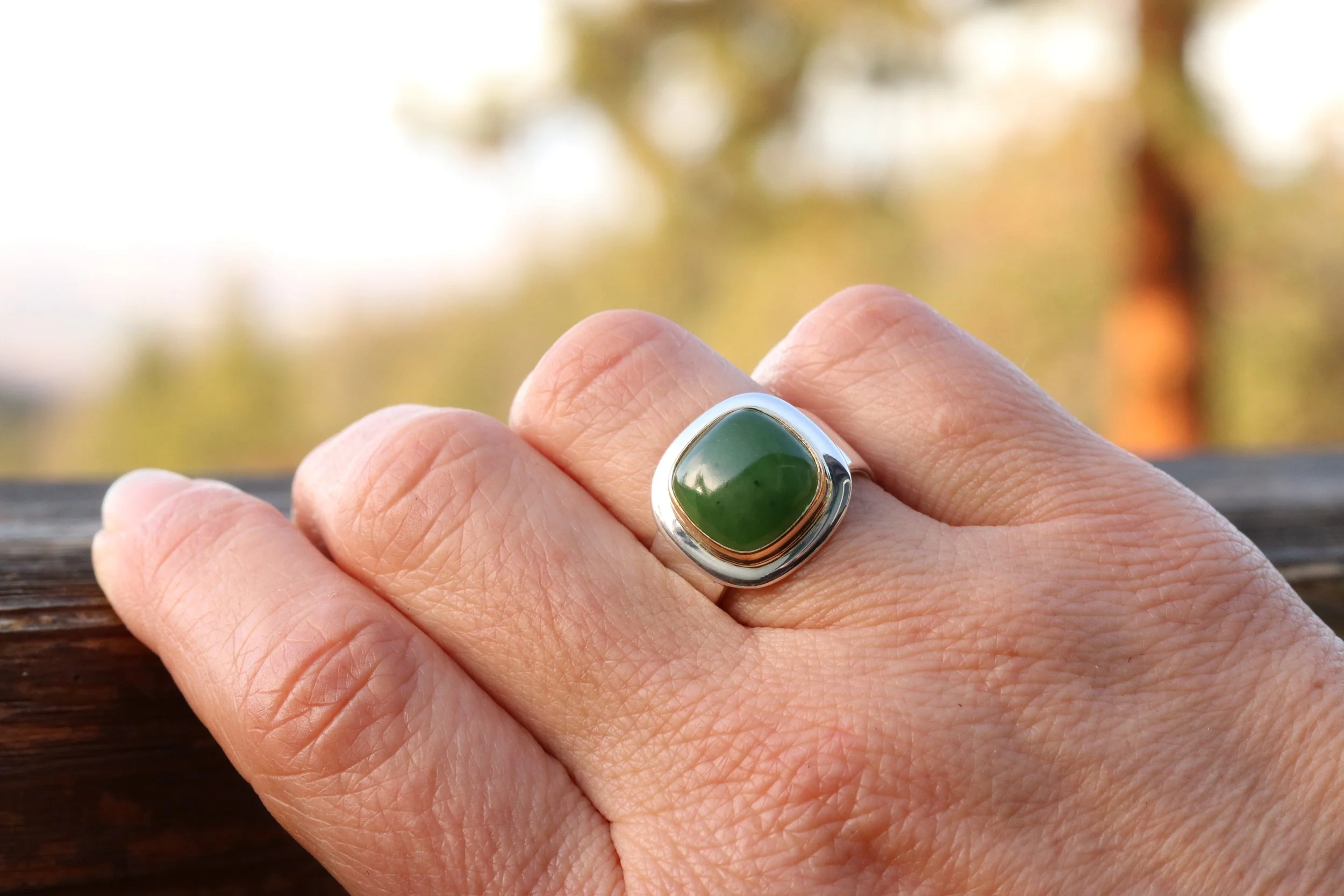 Jade Cushion Cabochon Ring in 22k Gold & Sterling Silver by Big Sur Goldsmiths