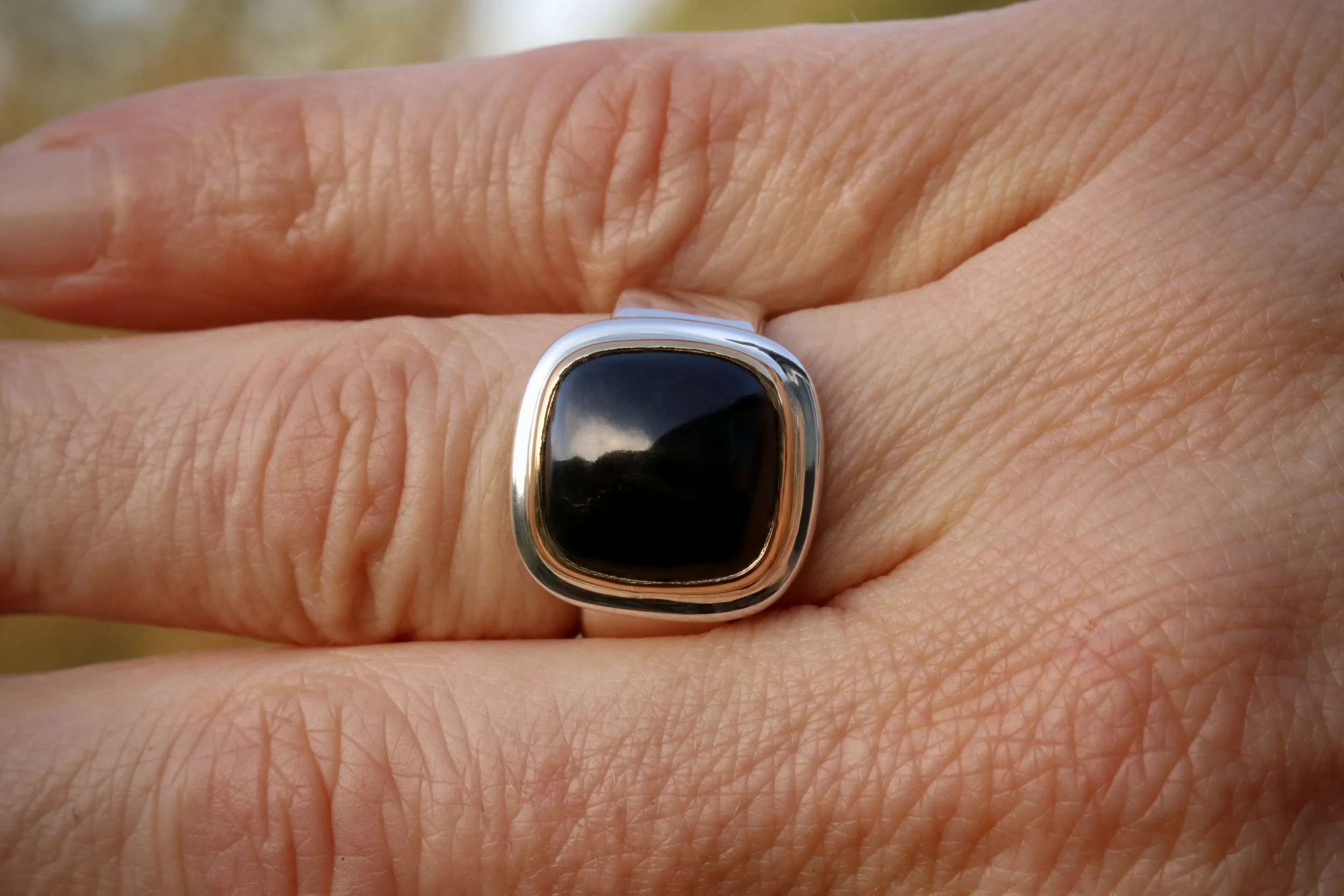 Black Tourmaline Cushion Ring in 22k Gold & Sterling Silver by Big Sur Goldsmiths