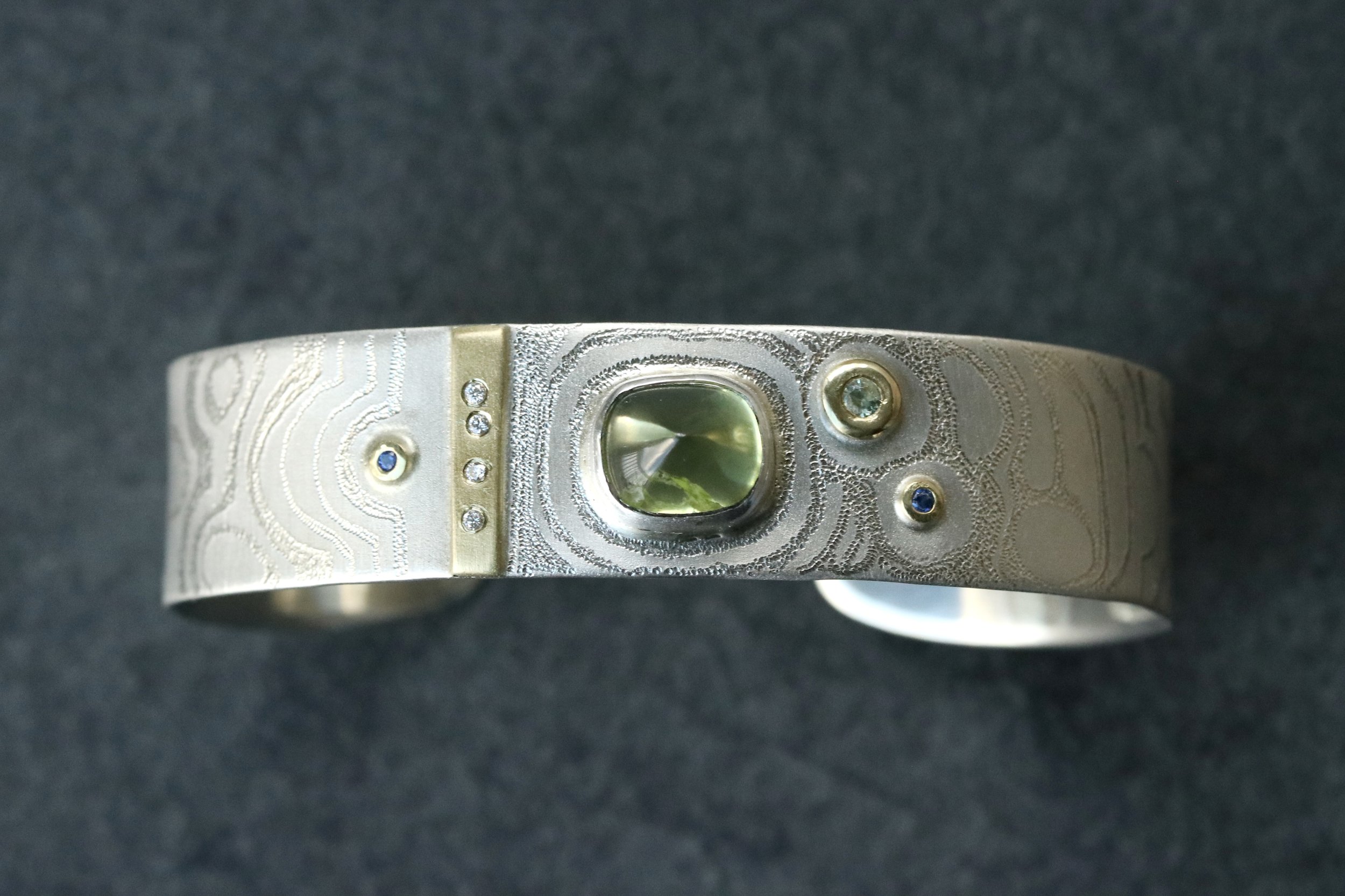 Peridot, Sapphire & Diamond Cuff Bracelet in 18K Gold & Sterling Silver by Big Sur Goldsmiths
