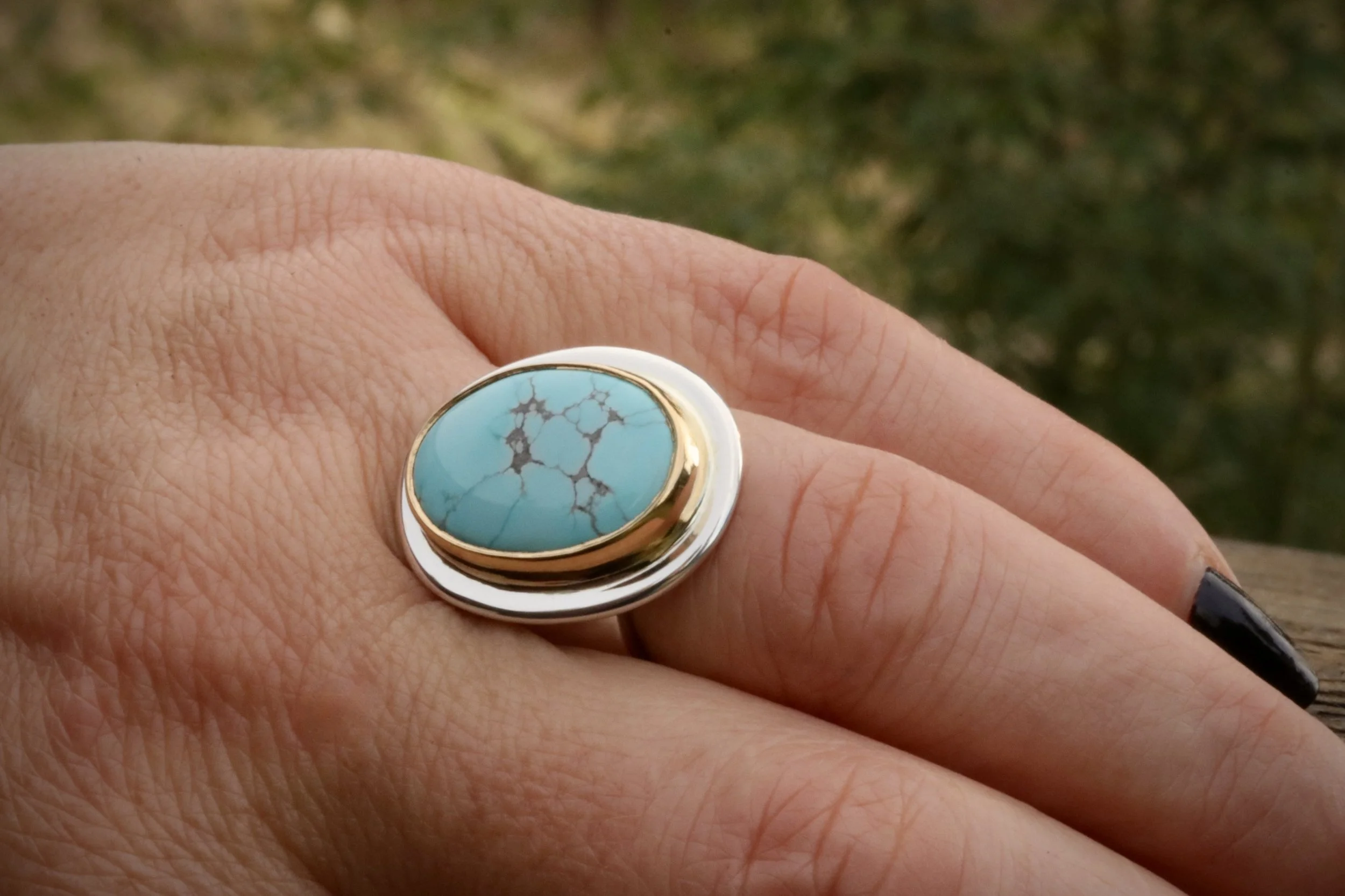 Number 8 Mine Turquoise Ring in 22K Gold & Sterling Silver by Big Sur Goldsmiths