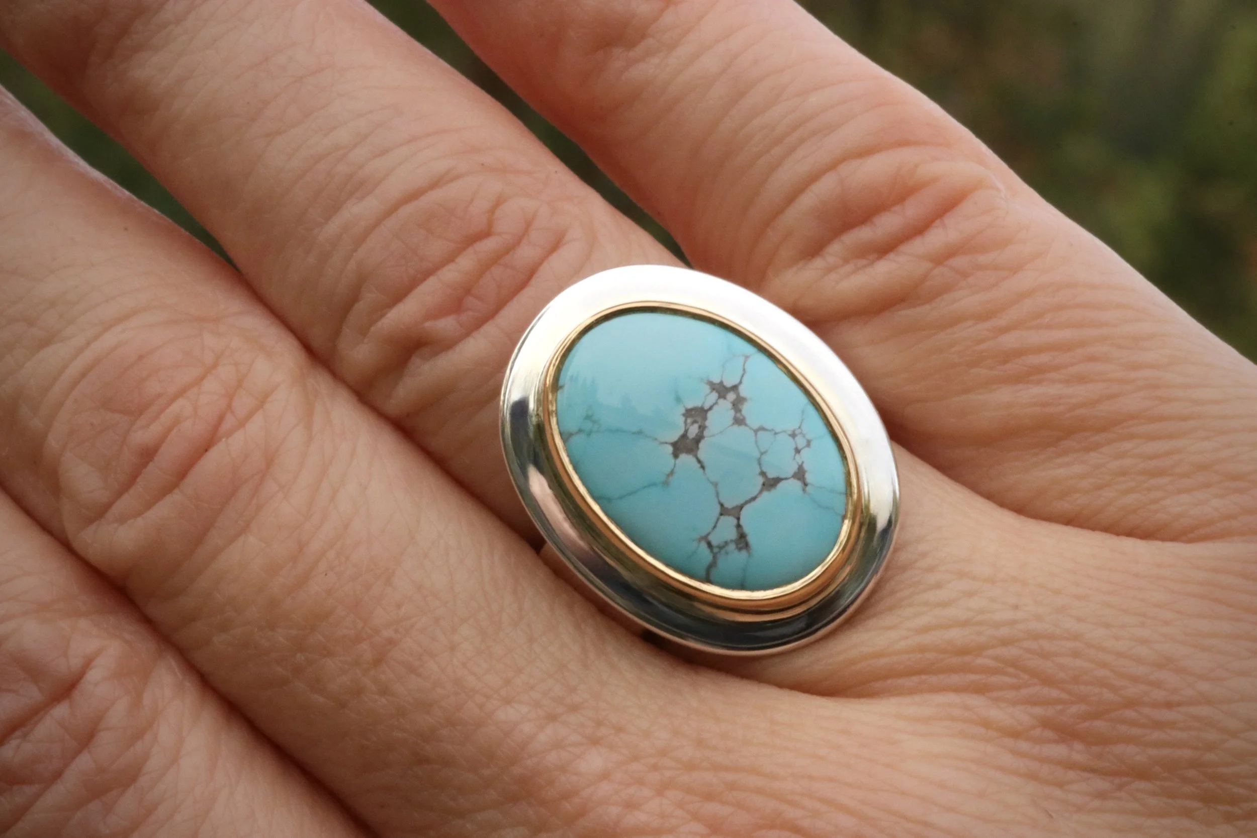 Number 8 Mine Turquoise Ring in 22K Gold & Sterling Silver by Big Sur Goldsmiths