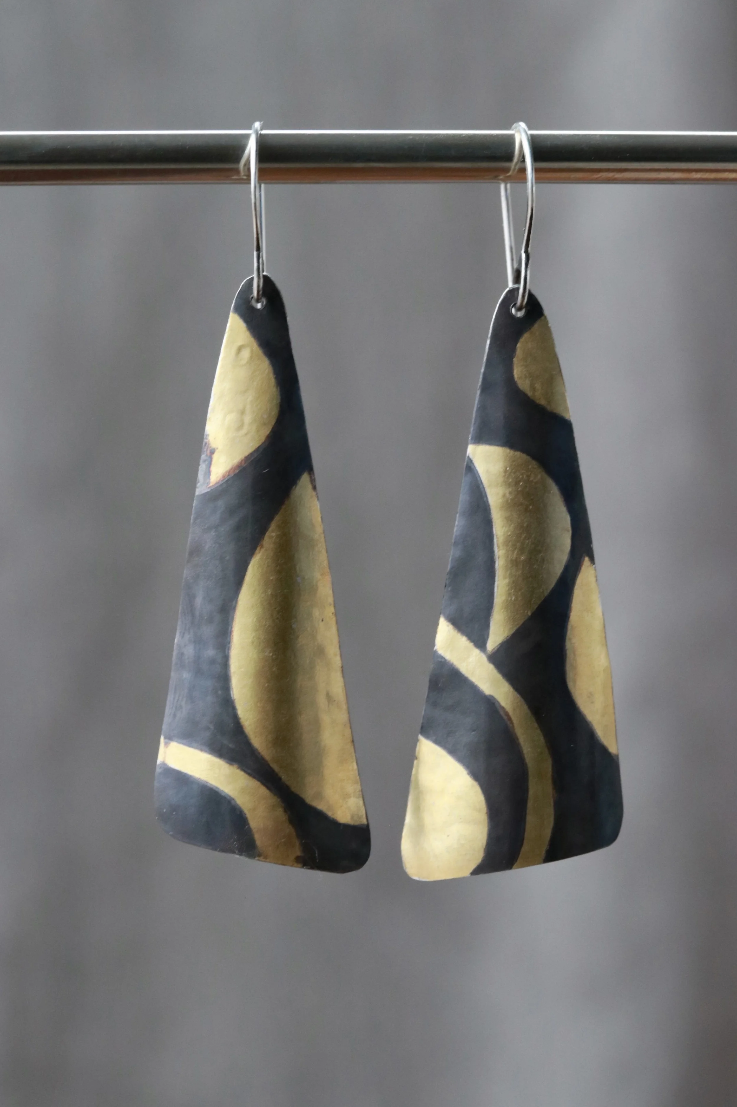 Keum-boo Earrings in Oxidized Fine Silver & 23.5K Gold by Carrie Armstrong at Big Sur Goldsmiths