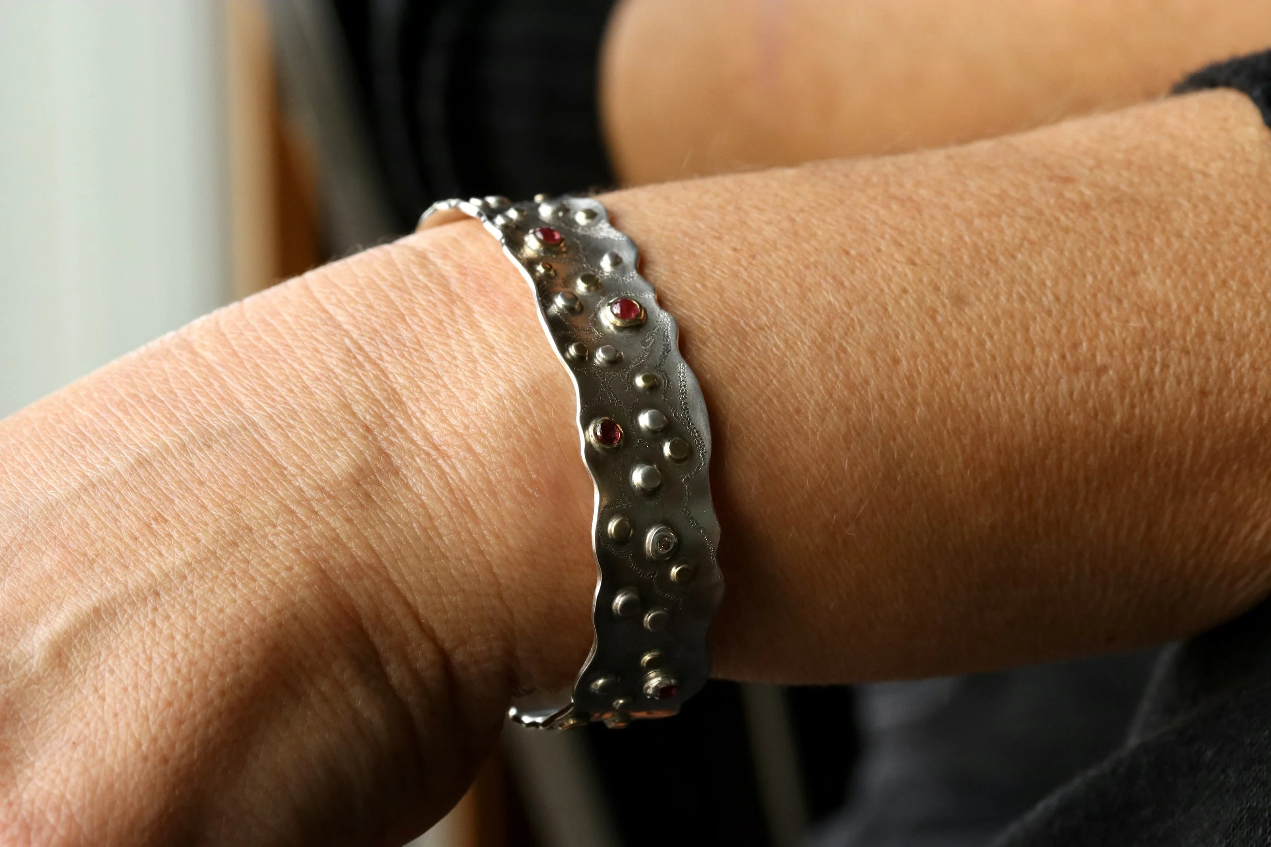 Ruby and Diamond Lacy Bullion Bracelet in 18k Gold & Sterling Silver by Big Sur Goldsmiths