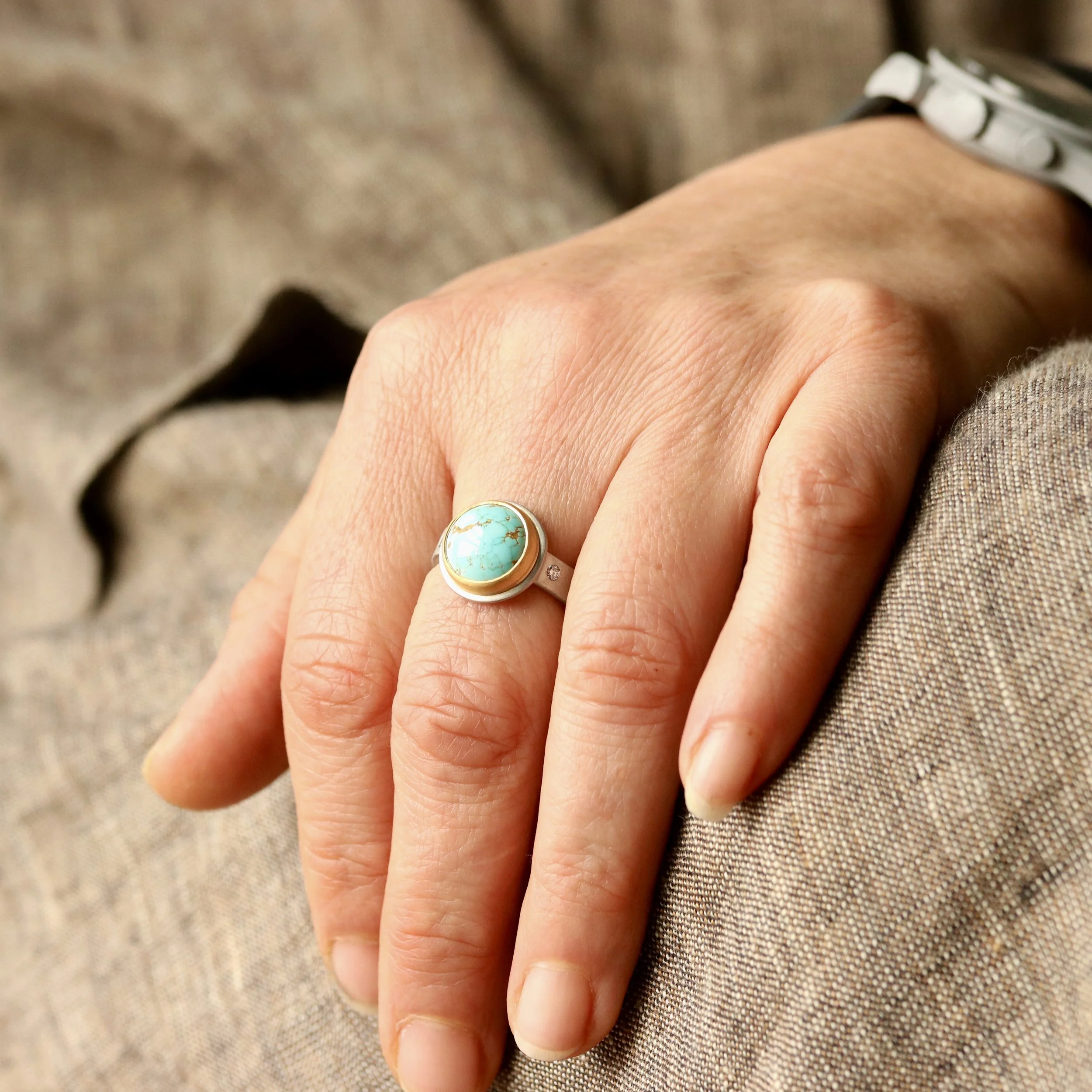 Number 8 Turquoise Solitaire Ring in Platinum & 22k Gold by Big Sur Goldsmiths