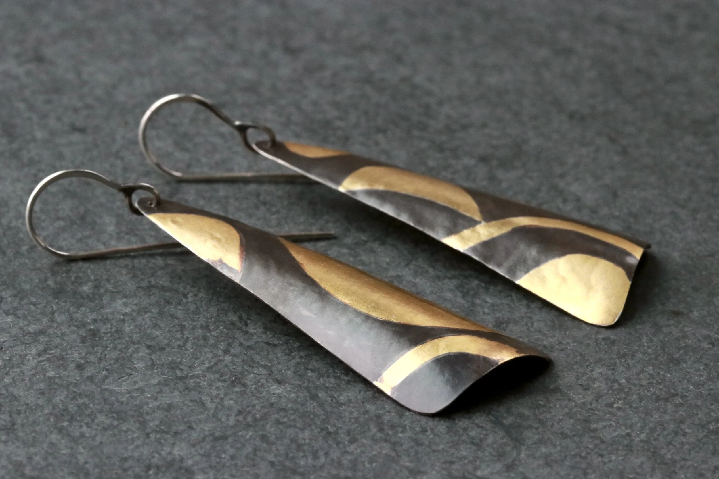 Keum-boo Earrings in Oxidized Fine Silver & 23.5K Gold by Carrie Armstrong at Big Sur Goldsmiths