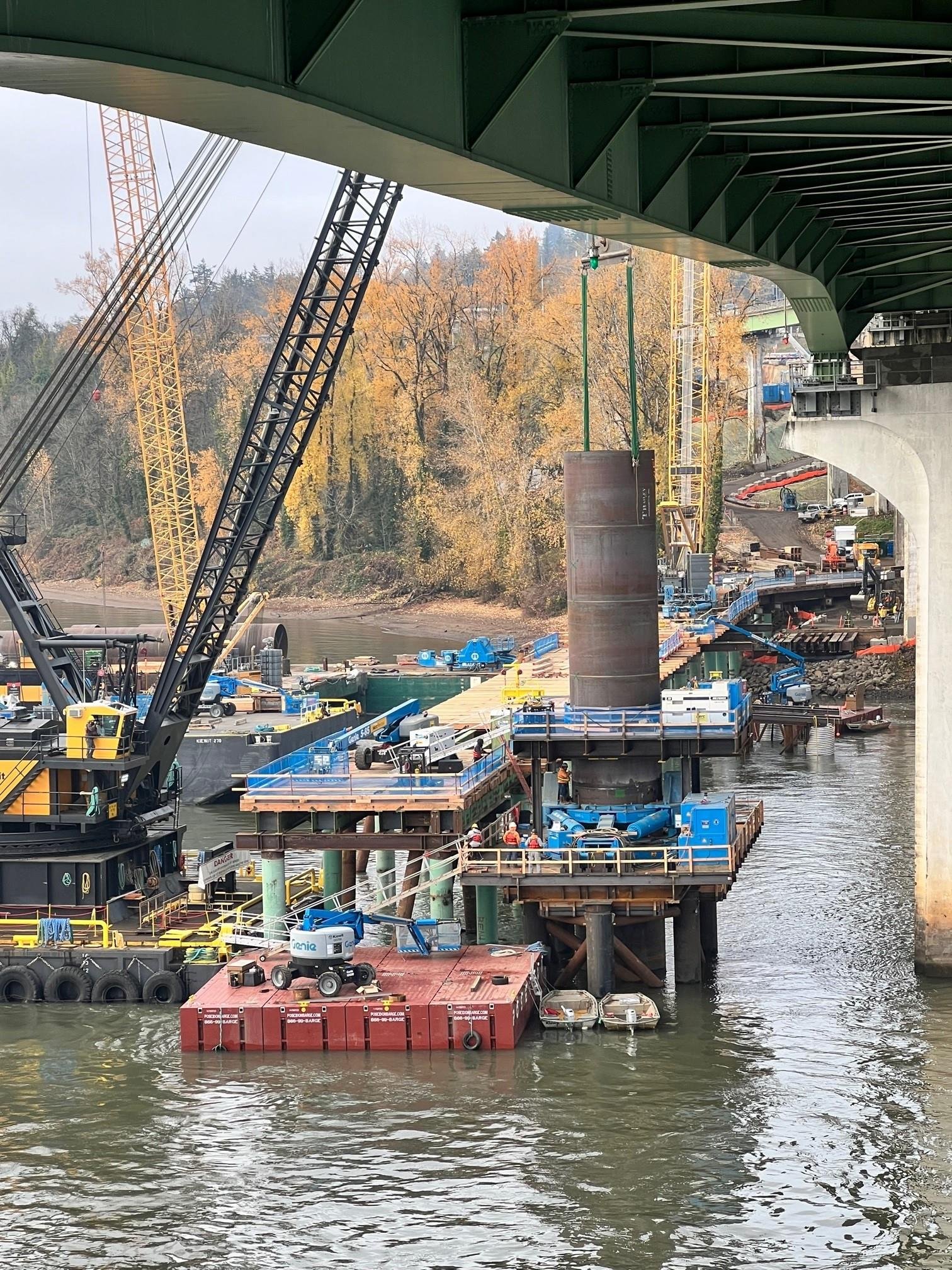 The busy I-205 Improvements Project construction site near the Abernethy Bridge