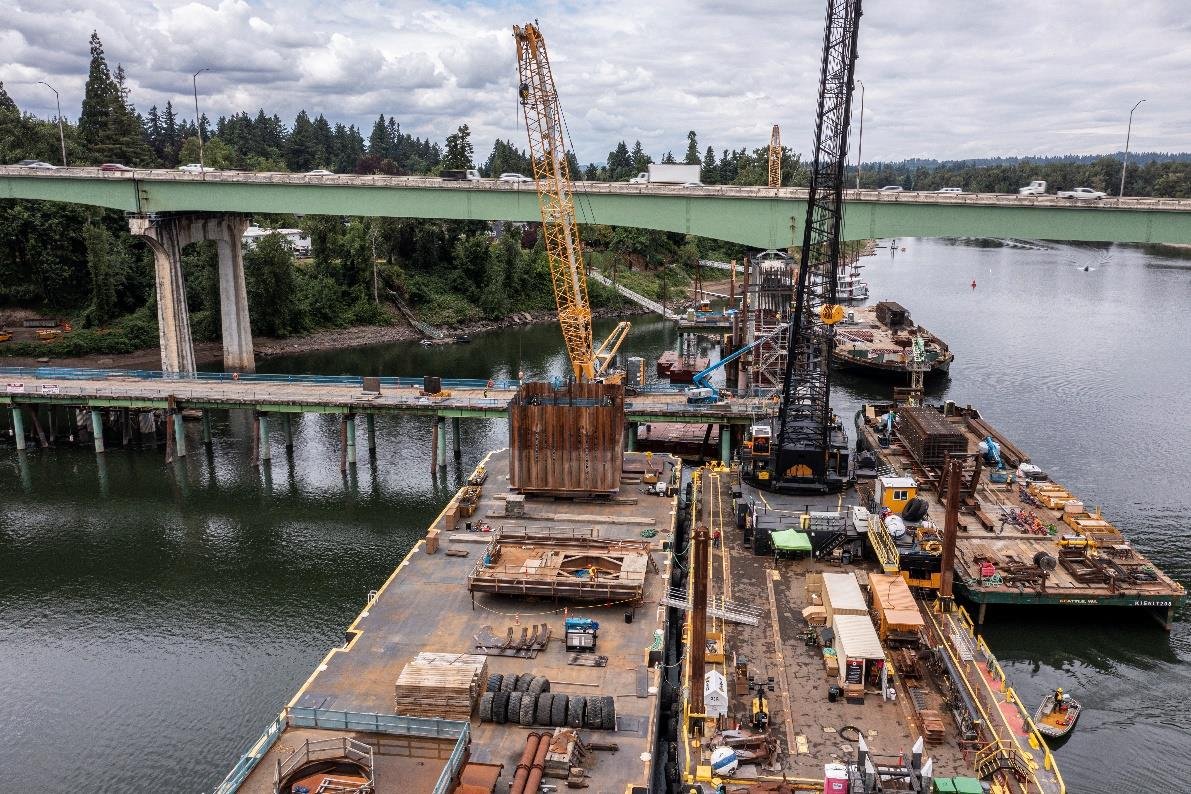 The busy I-205 Improvements Project construction site near the Abernethy Bridge