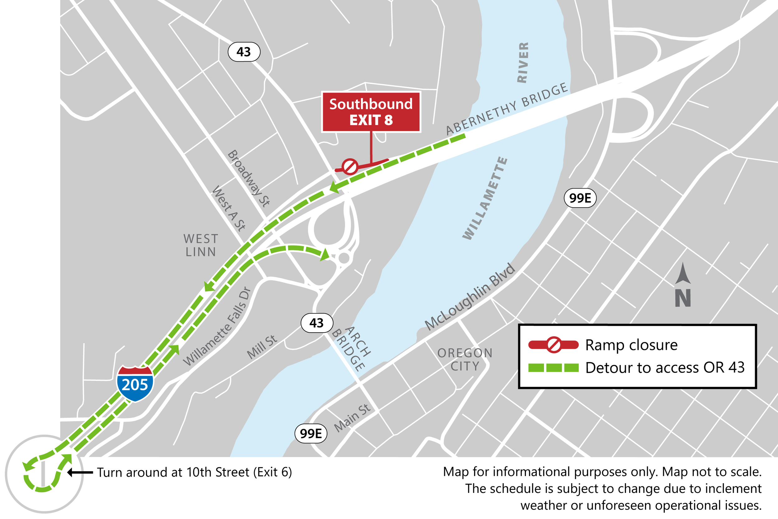 Detour map showing southbound off-ramp closure to OR43 (exit 8)