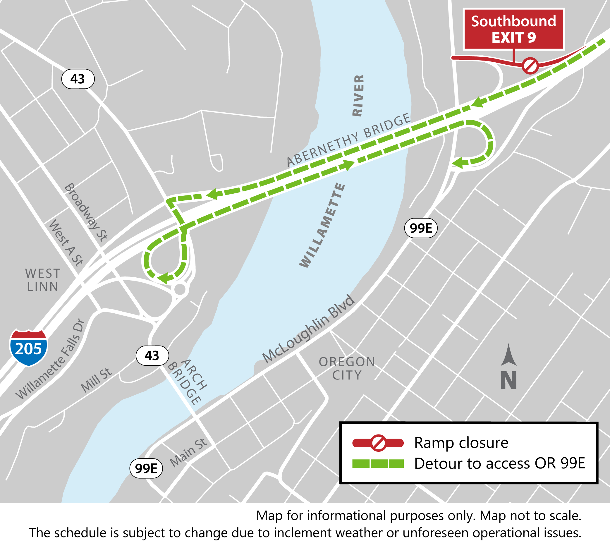 Detour map showing southbound ramp closure to OR 99E (Exit 9)