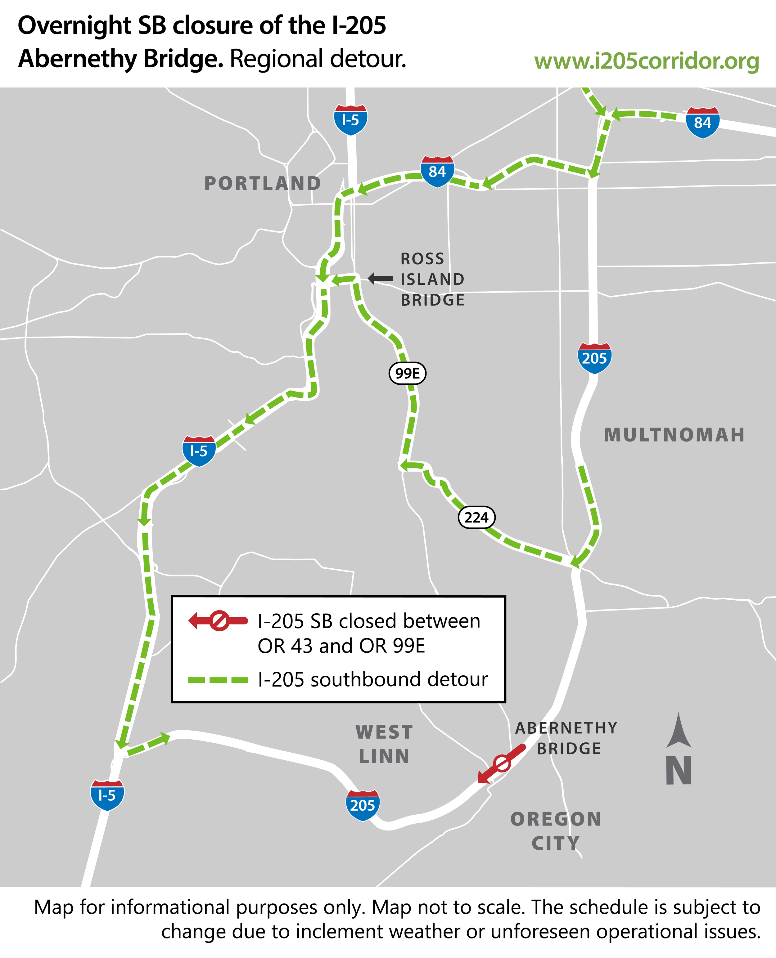 Detour map showing overnight southbound closure of the I-205 Abernethy Bridge (regional detour)