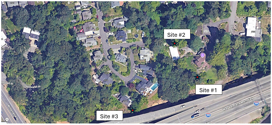 Aerial map showing the three locations near I-205 in West Linn that are monitored for noise level..