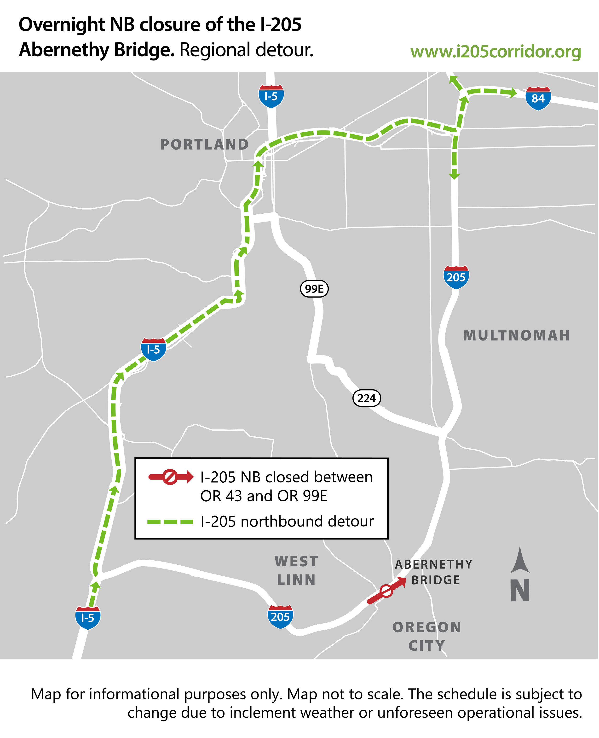 Map of overnight Northbound detour for Abernethy Bridge