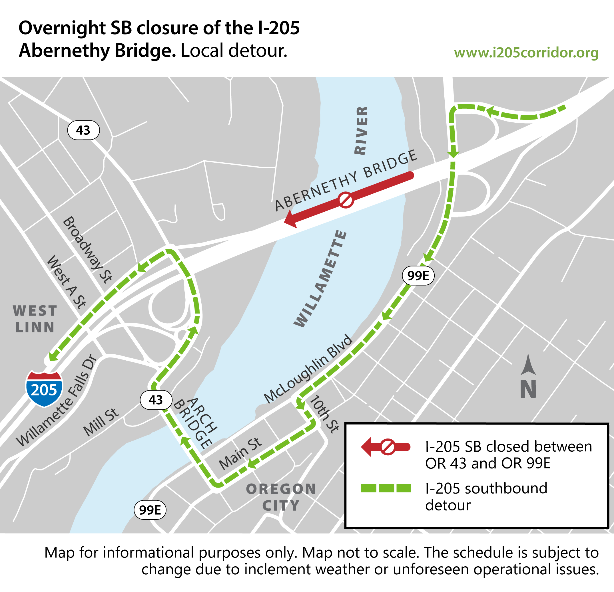 Detour map showing overnight southbound closure of the I-205 Abernethy Bridge (local detour)