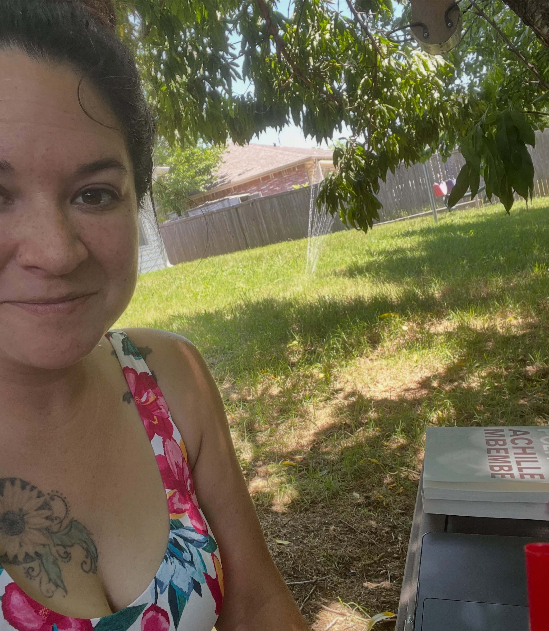 Backyard writing. If brain no work, run through cold sprinkler and try again 😂