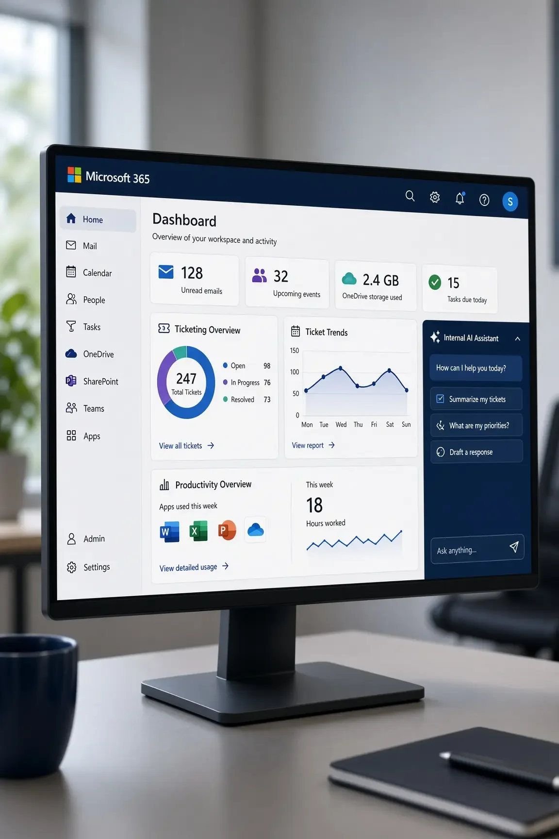 Business systems dashboard with an internal AI assistant panel running beside Microsoft 365 and ticketing tools.