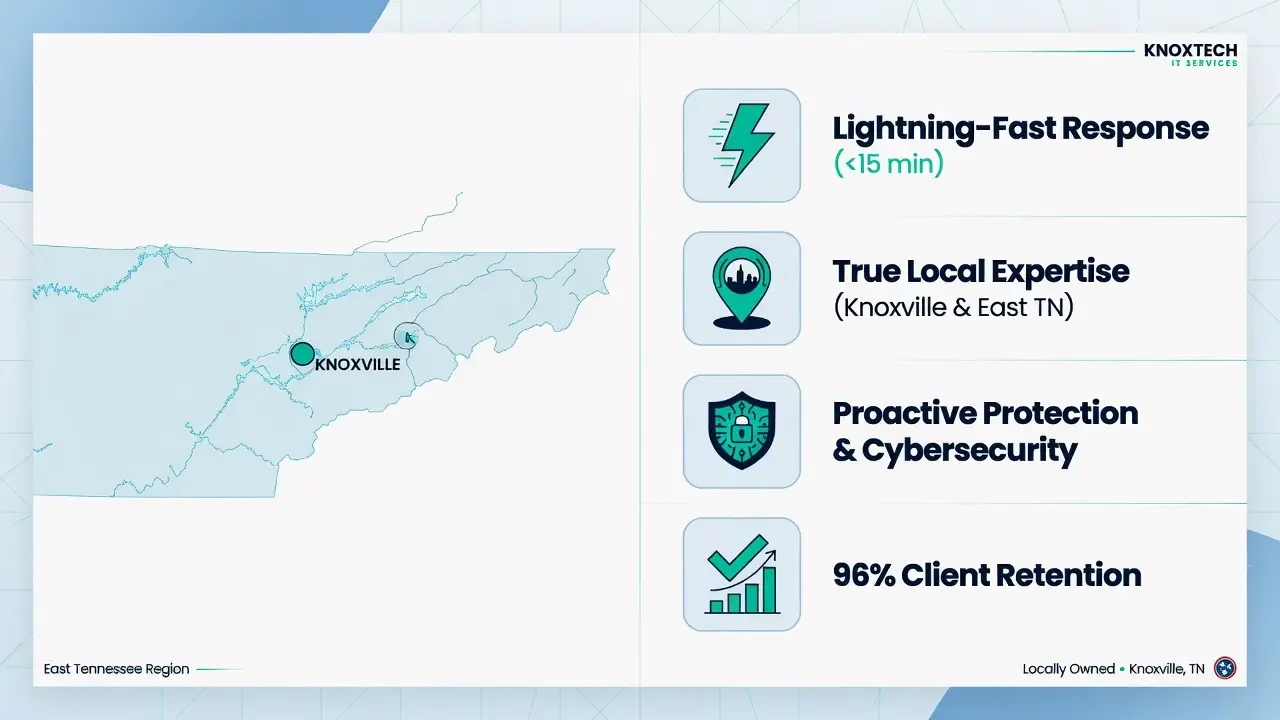 Infographic highlighting four reasons Knoxville businesses choose Solomon IT: lightning-fast response under 15 minutes, true local expertise in East Tennessee, proactive cybersecurity protection, and 96% client retention rate.