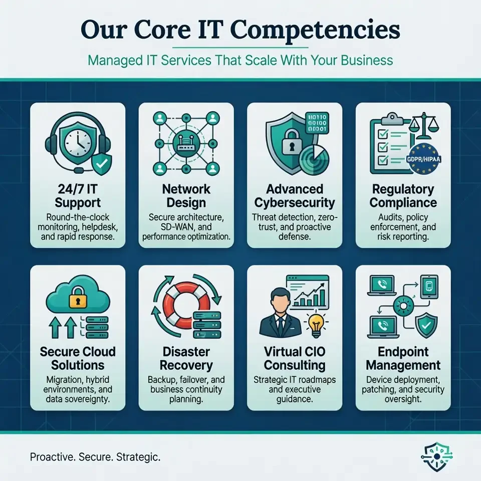 An infographic titled 'Our Core IT Competencies' listing eight services: 24/7 IT support, Network Design, Advanced Cybersecurity, Regulatory Compliance, Secure Cloud Solutions, Disaster Recovery, Virtual CIO Consulting, and Endpoint Management, each with a brief description.