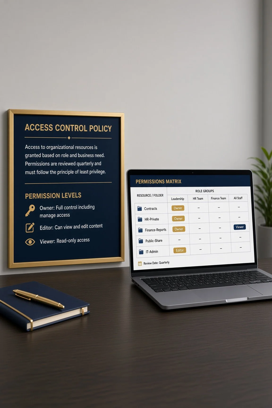 Permissions matrix and policy board showing which business folders an AI system is allowed to access.