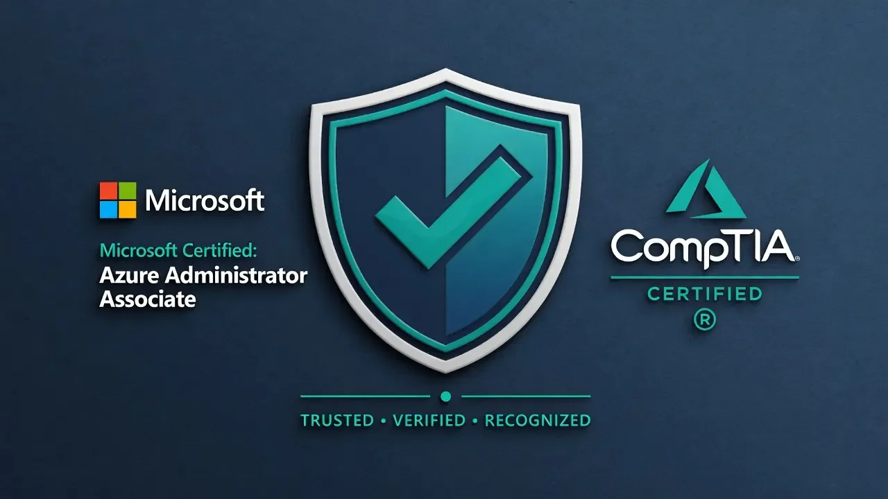 Professional certification badges for Microsoft and CompTIA Security+ representing technical expertise in government-compliant IT services.