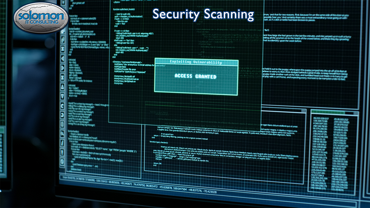 Computer screen displaying security scanning software with code and text "Access Granted."