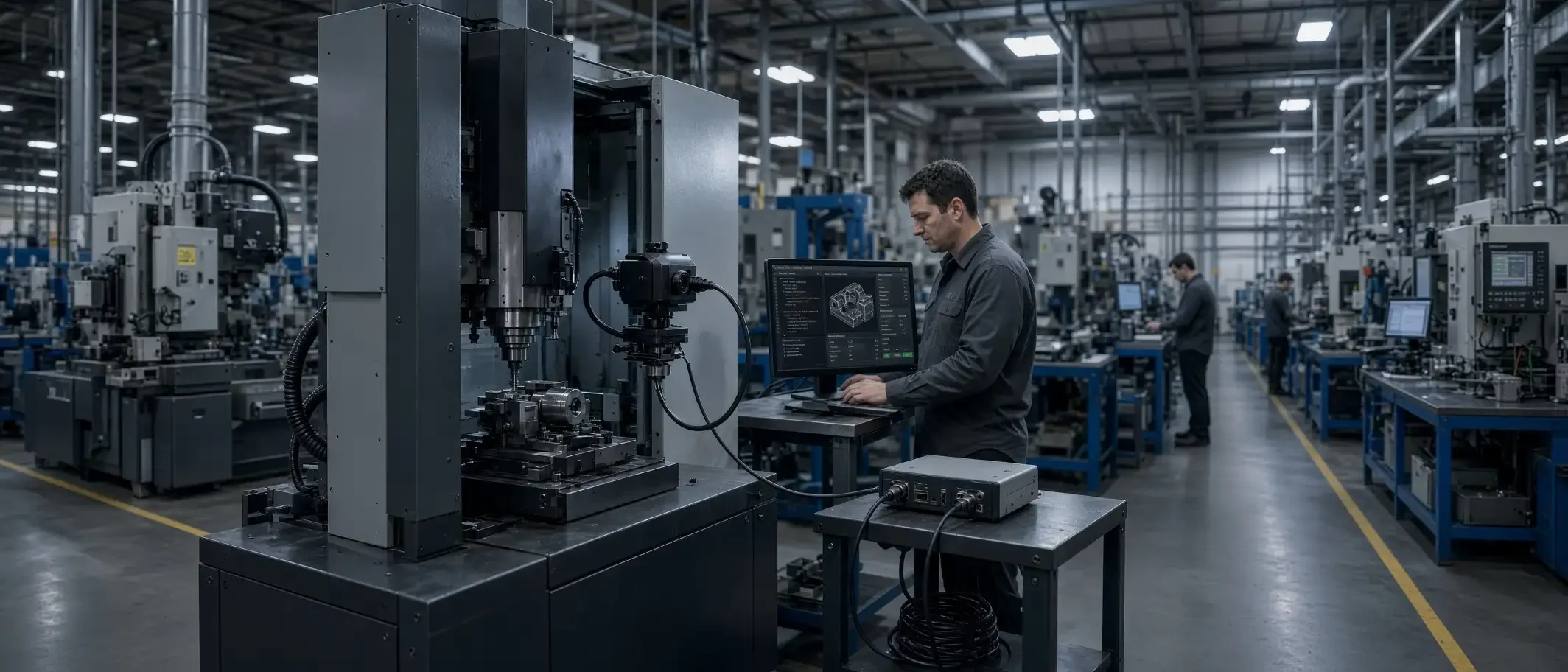 A quality technician reviews an edge vision monitor beside a machining station on a well-lit manufacturing floor.