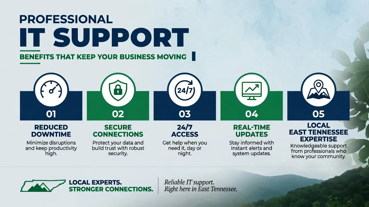 Key benefits of Solomon IT support: faster resolutions, secure remote access, 24/7 portal, and local expertise