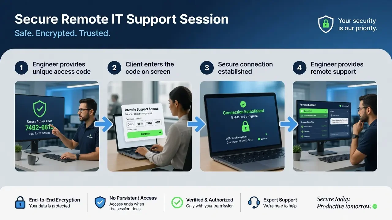 Secure remote assistance process illustration showing encrypted connection between Solomon IT engineer and client computer